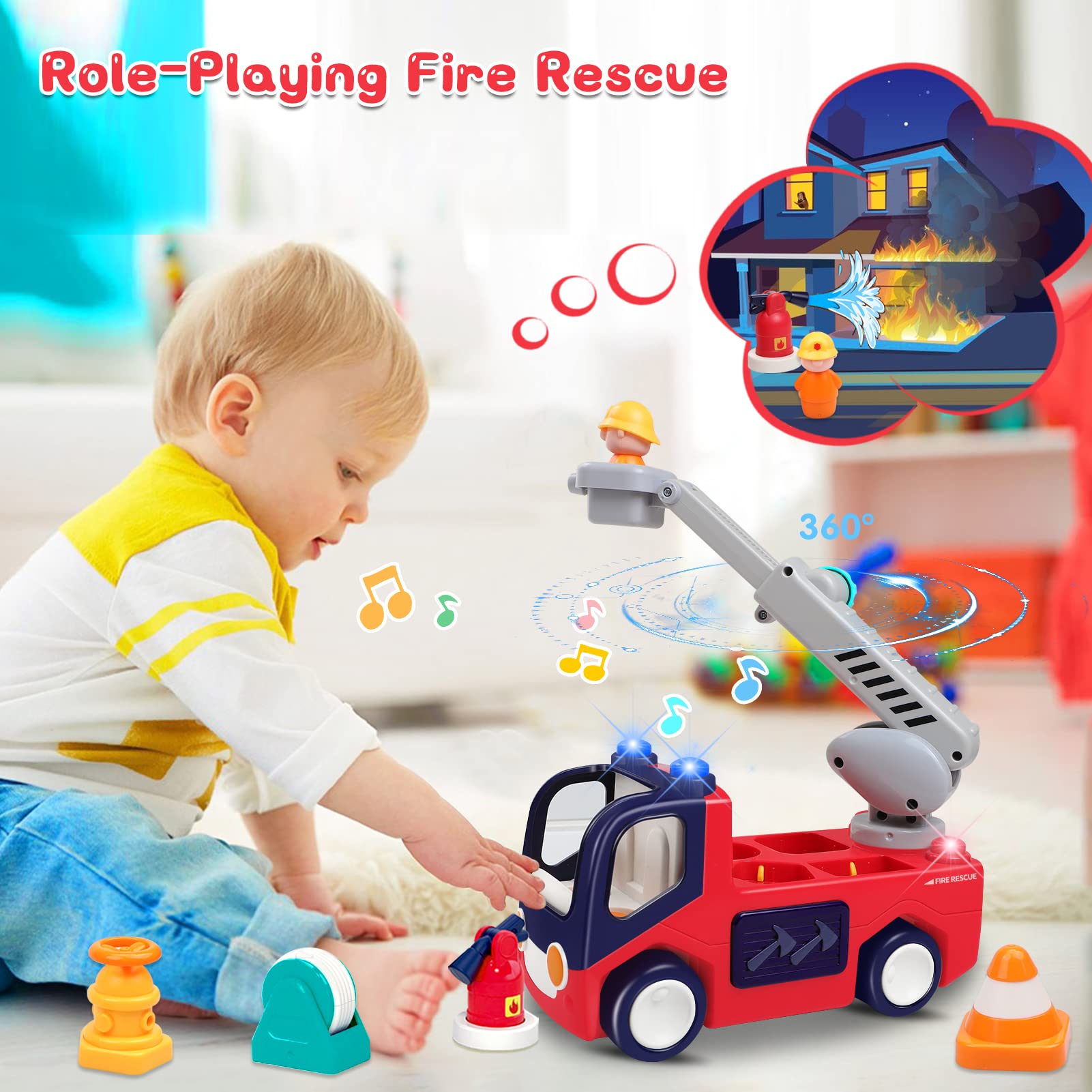 Best Fire Truck Musical Toys for 1 2 3 Year Old Boys & Girls - Educational Baby Toys 6-18 Months with Fireman, Ladder & Lights - Perfect for Birthday Gifts & Early Learning Playtime
