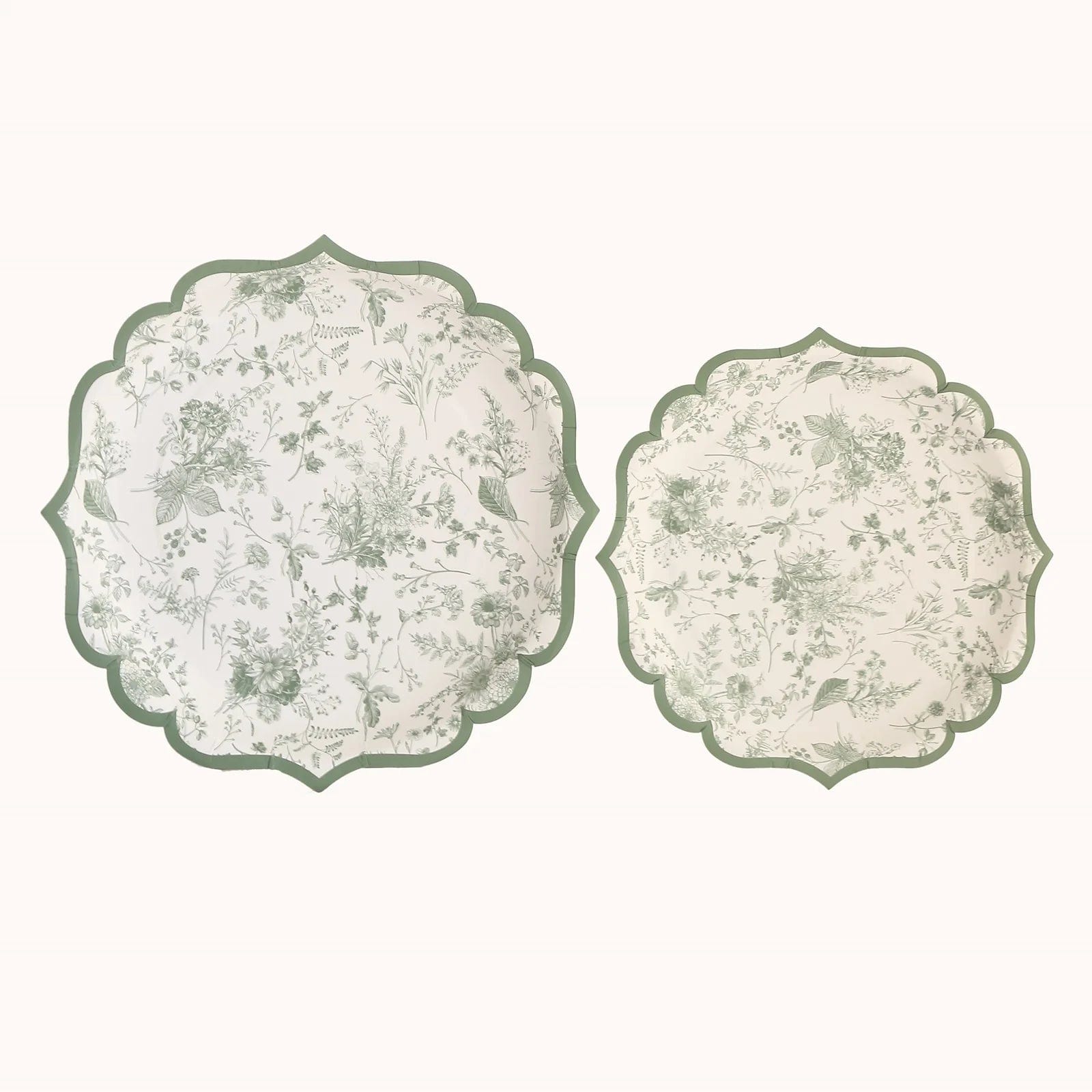 25-Pack White and Sage Green Floral Leaf Print Paper Plates with Scalloped Rim - Elegant Disposable Tableware for Weddings, Baby Showers & Garden Parties