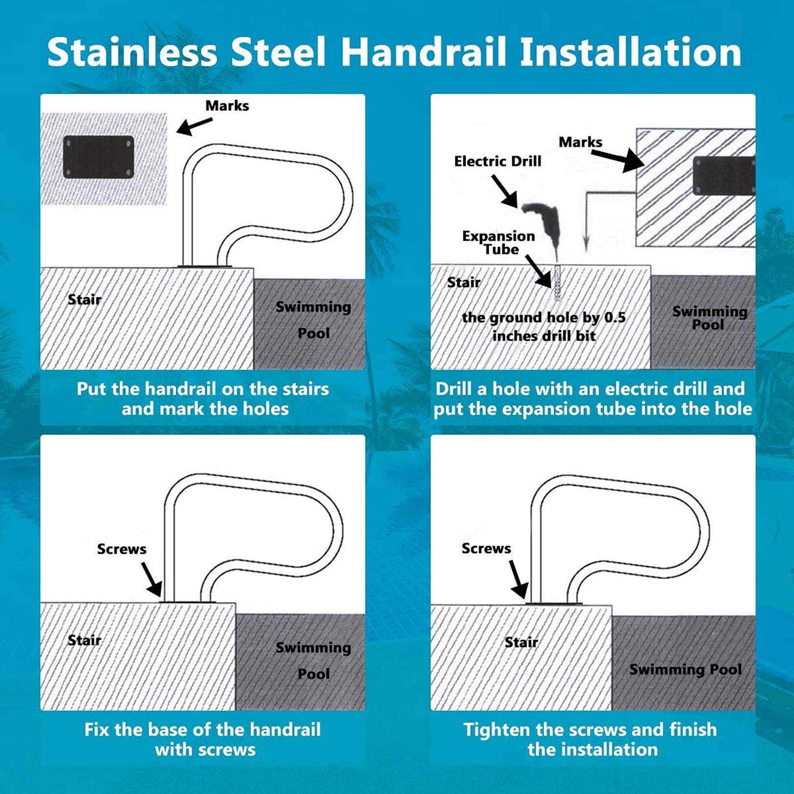 Stainless Steel Pool Handrail with Base Plate - Safety Railing for Inground Swimming Pool Steps | Durable Non-Slip Grip for Easy Pool Entry & Exit | Perfect for Elderly & Kids Safety Around Poolside