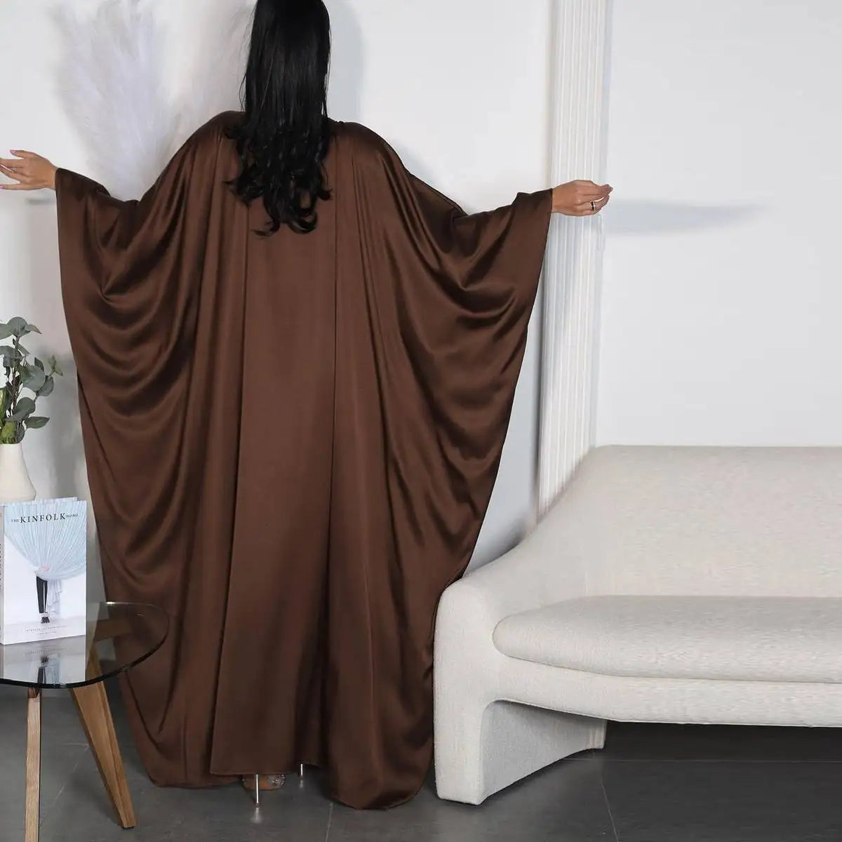 Elegant Coffee Satin Batwing Sleeve Farasha Abaya Dress for Women - Modest Islamic Fashion for Prayer, Wedding & Special Occasions