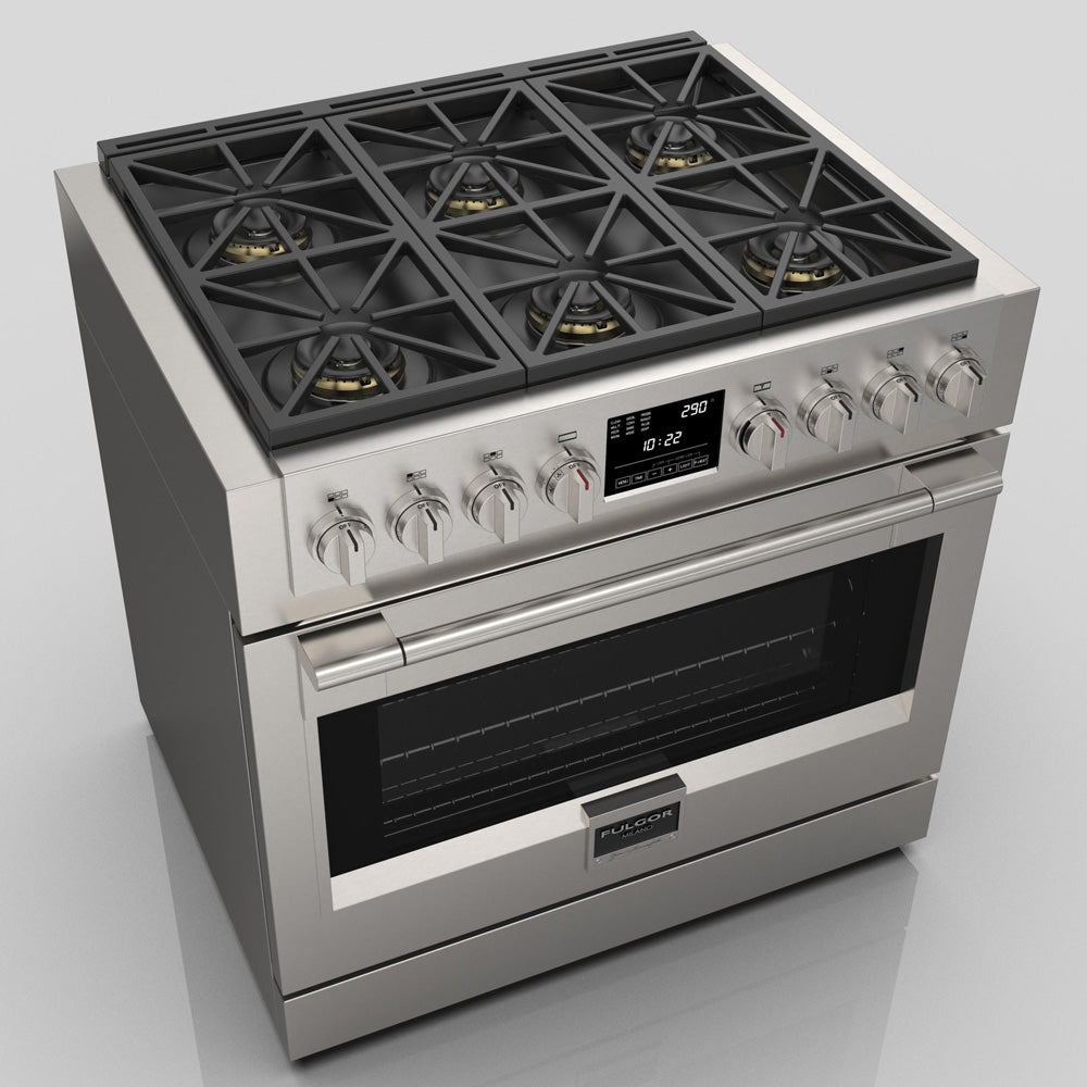 Fulgor Milano 36-Inch 600 Series Dual Fuel Range with 6 Burners - Stainless Steel Professional Gas Stove & Electric Oven (Model F6PDF366S1) - Perfect for Gourmet Cooking & Large Family Kitchens