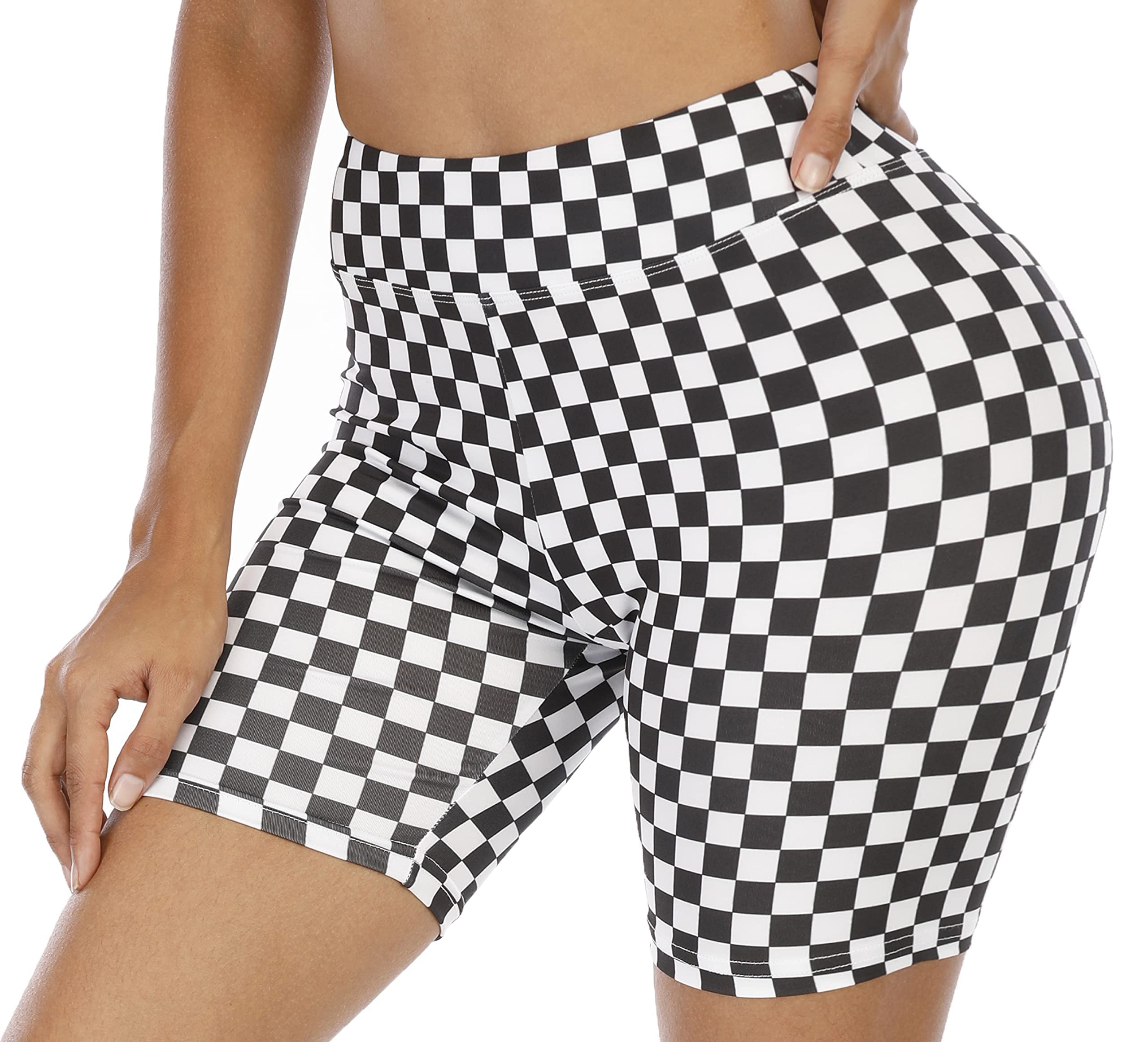 WSPLYSPJY High Waist Yoga Shorts for Women - Black & White Checkered Athletic Running Workout Shorts | Perfect for Yoga, Gym, Cycling & Casual Wear