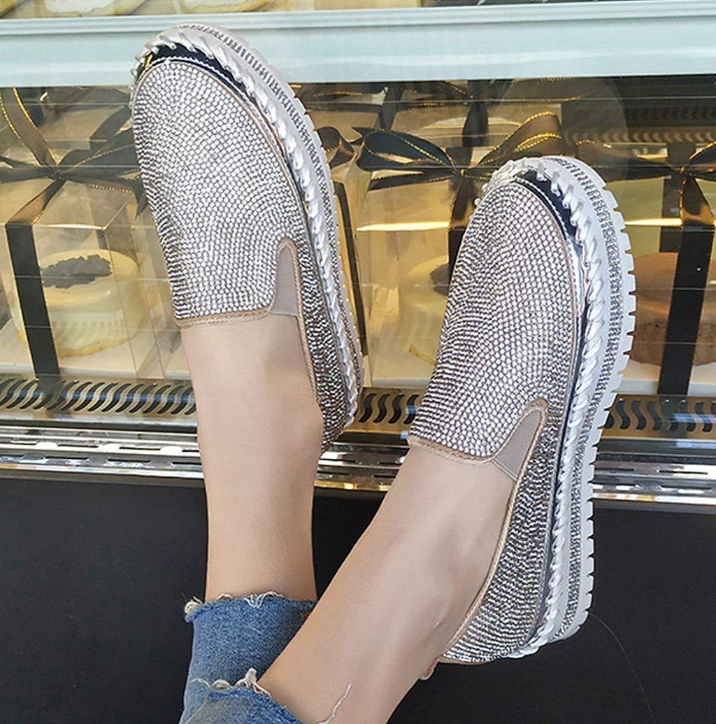 Nevera Silver Rhinestone Loafers for Women - Fashion Platform Slip-On Flats with Bling Round Toe | Perfect for Casual Wear, Office, and Party Outfits