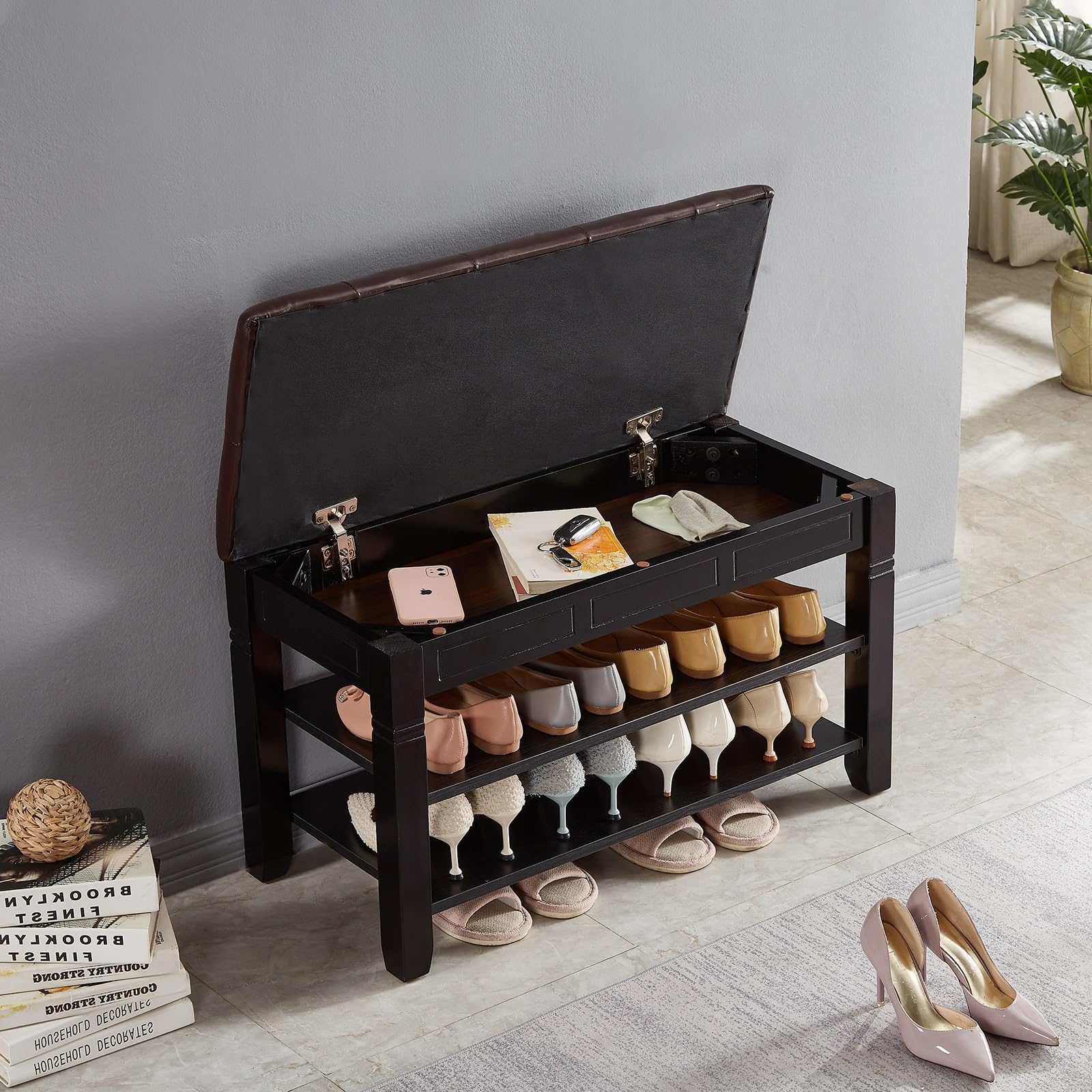 Wooden Shoe Storage Bench with Lift Top & Fiberleather Seat - 2-Tier Entryway Shoe Rack Organizer (31.5x13.8x18.9 Inches, Black) - Perfect for Hallway, Living Room & Mudroom Organization