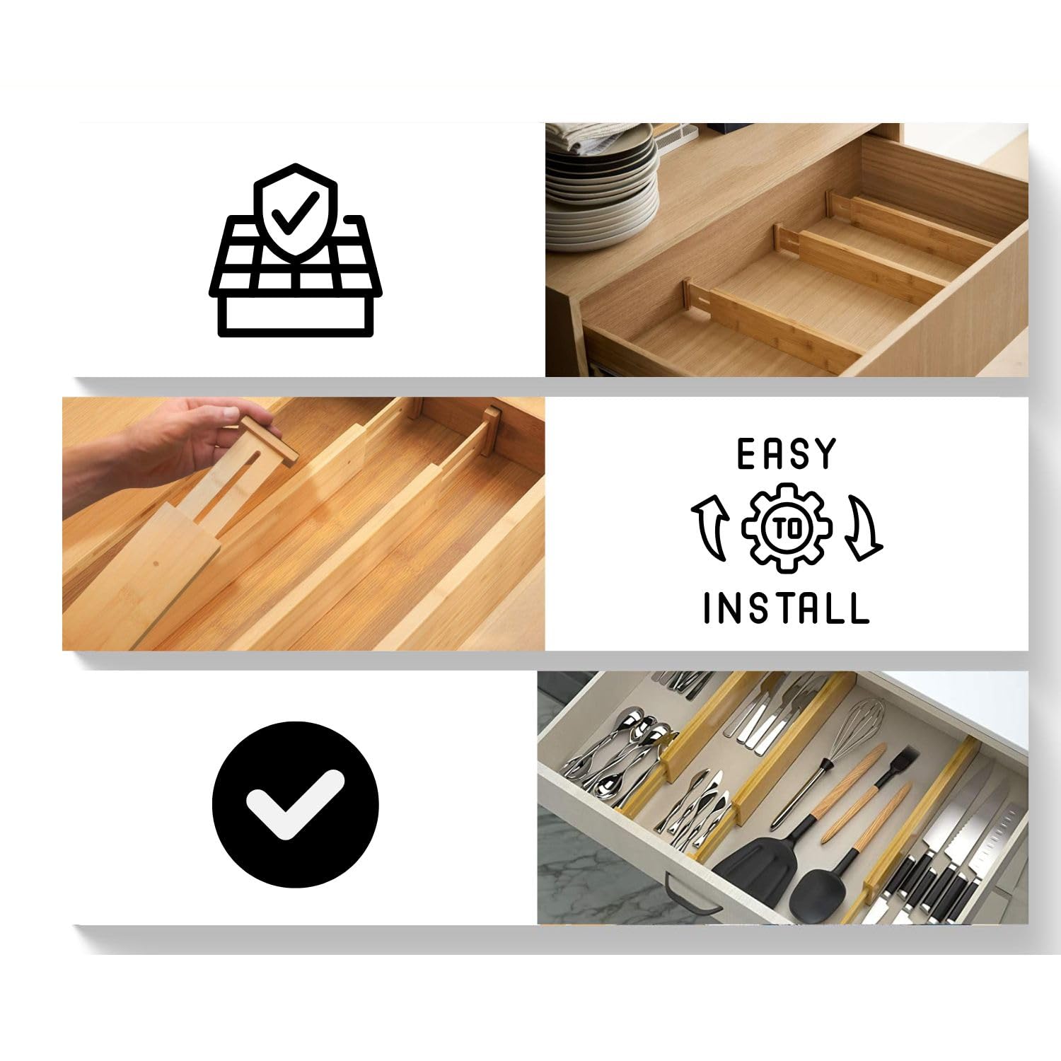 Expandable Bamboo Drawer Organizers 8-Pack with Labels (17-22 Inches) - Kitchen Utensil & Silverware Organizer, Dresser & Closet Dividers, Office Desk Storage Solution for Home Organization