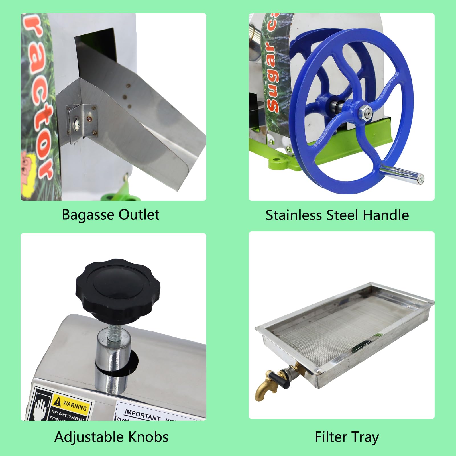 Stainless Steel Manual Sugar Cane Juicer Machine - 3 Roller Commercial Press with Steel Handle, 110LBS/Hour Output - Perfect for Juice Bars, Restaurants, and Home Use