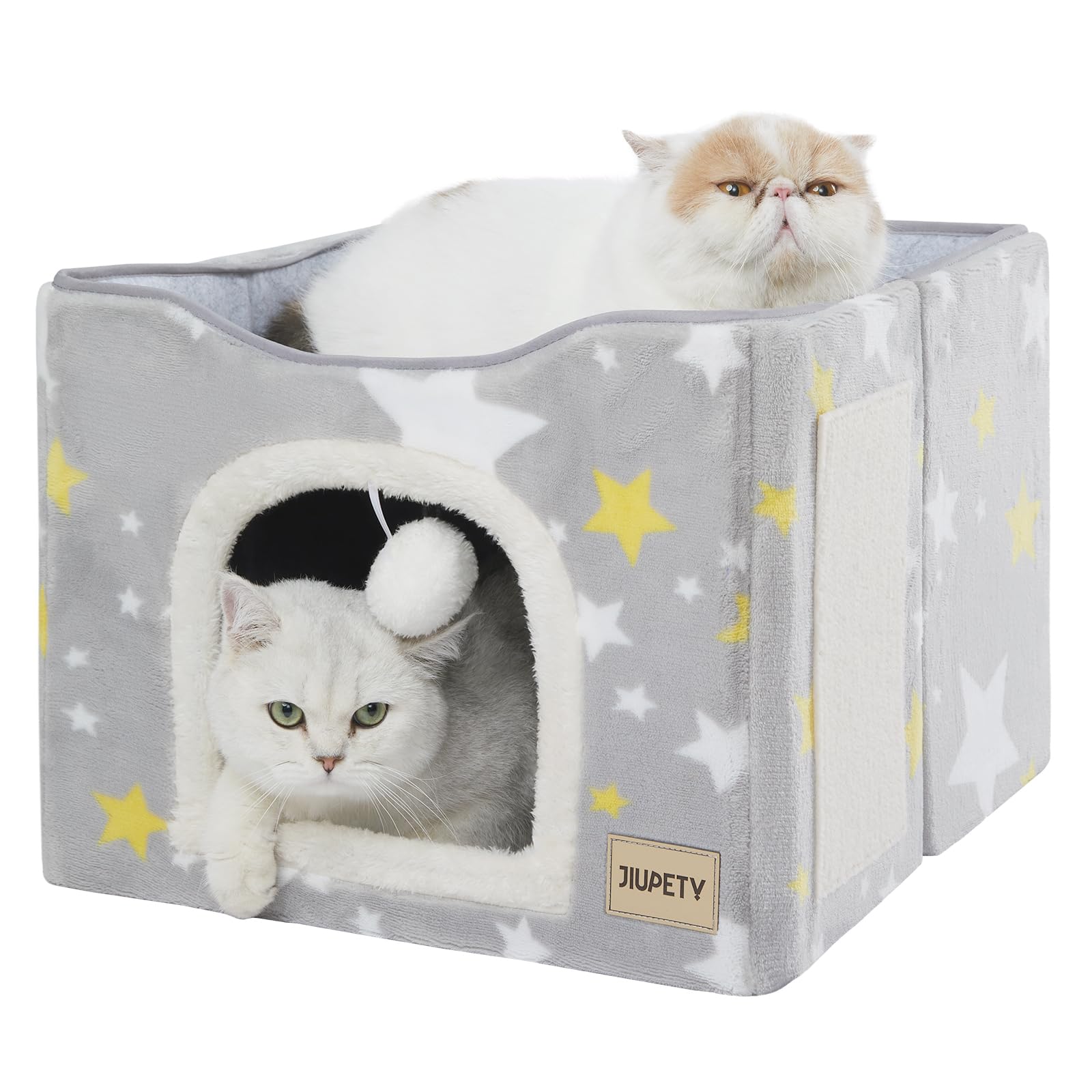 Jiupety Large Cat Bed for 2 Cats - Foldable Cat Cave Cube with Scratch Pad & Toy Ball - 17in Grey Indoor Cat House for Hideaway, Play & Sleep - Perfect for Kittens & Adult Cats in Living Rooms or Bedrooms