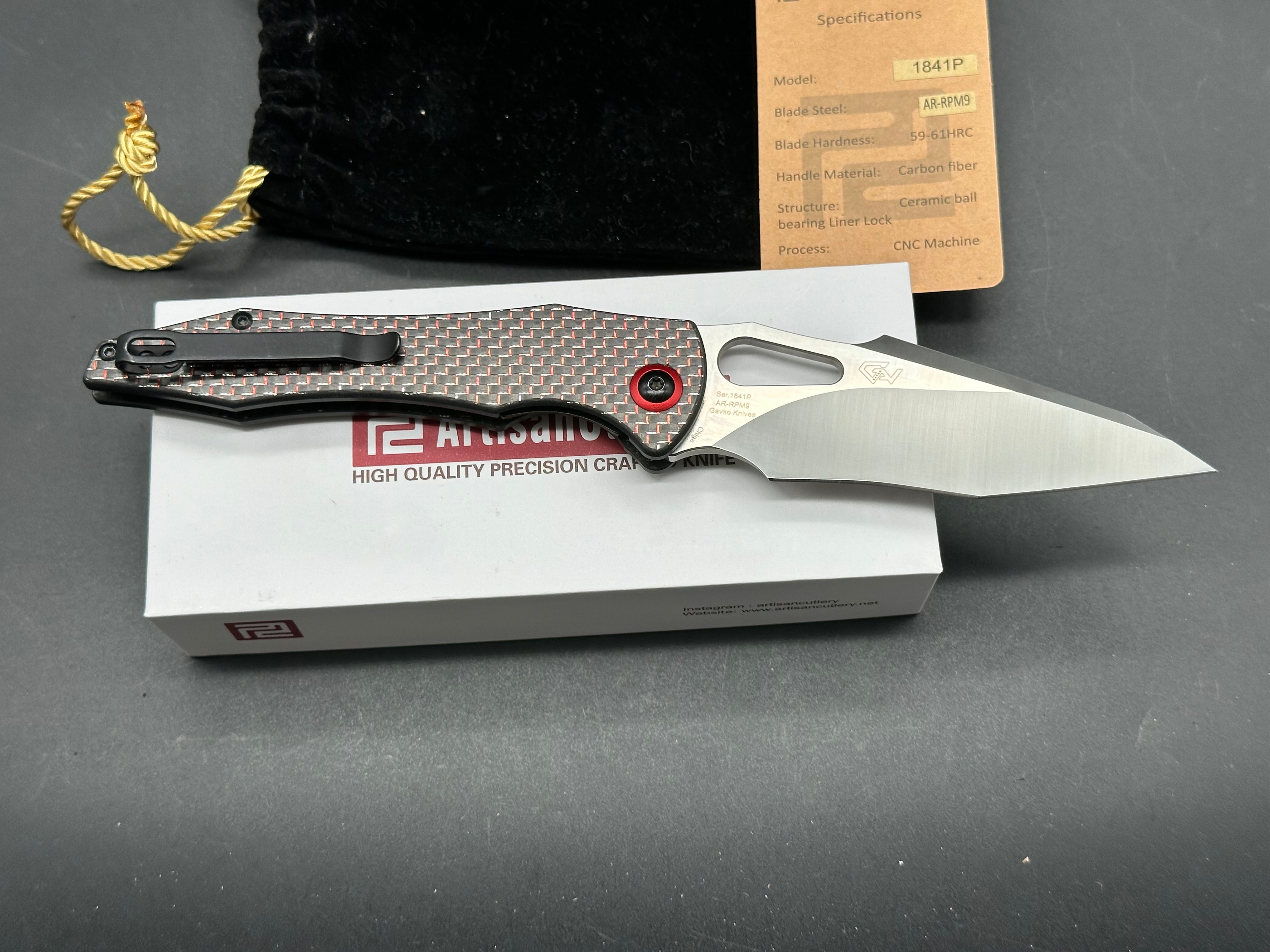 ARTISAN CUTLERY GREAT WHITE Folding Knife - Black & Red Carbon Fiber Handle, EDC Pocket Knife for Outdoor Camping, Hiking & Everyday Carry