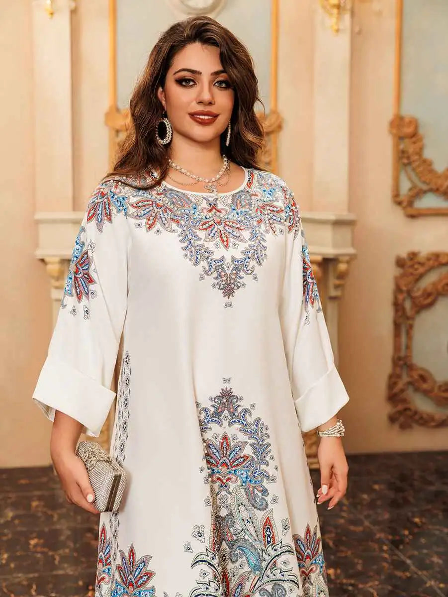 Elegant Hotfix Rhinestone Printed Caftan Kaftan Dress for Women - Perfect for Eid Celebrations, Weddings & Special Occasions