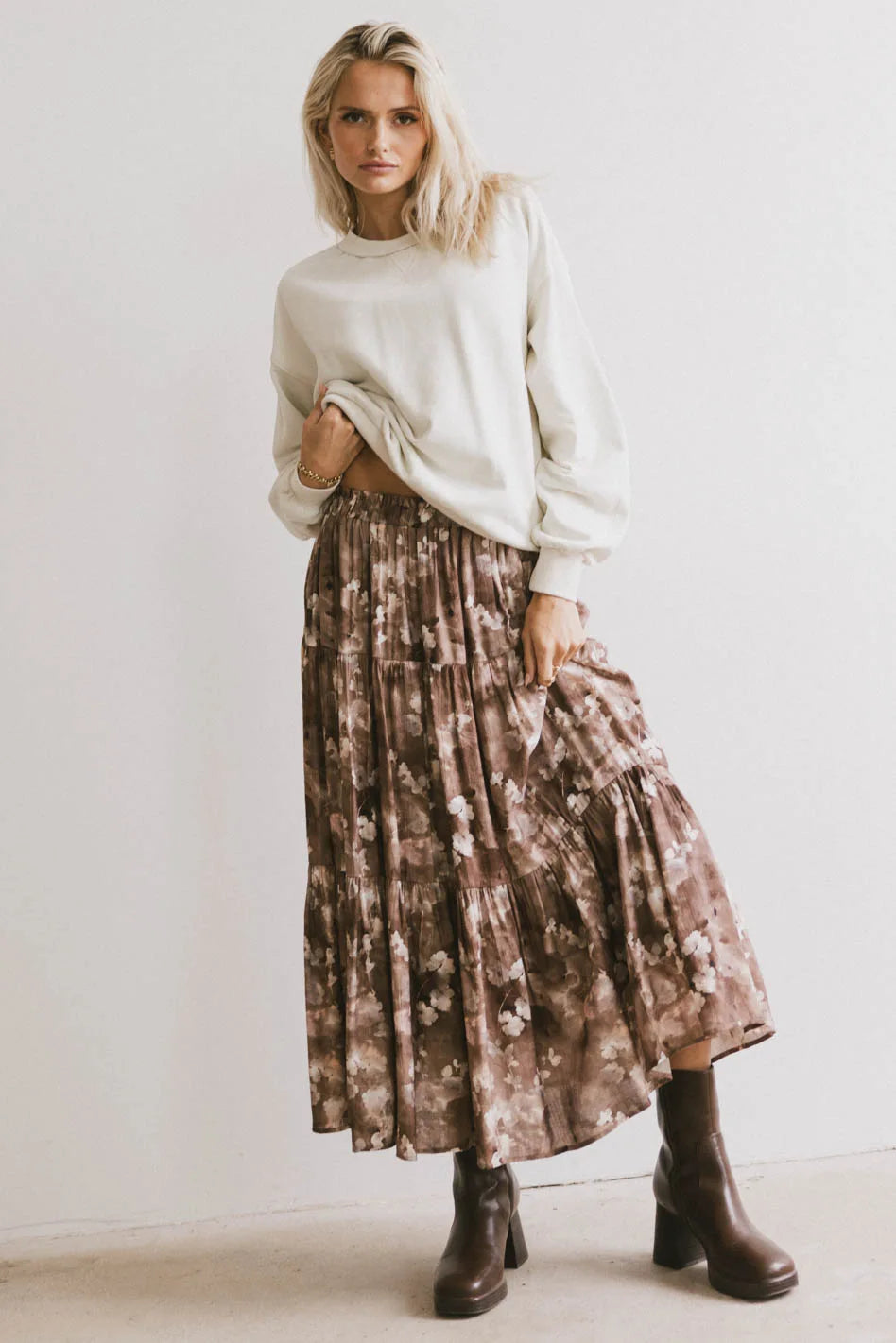 Maxine Floral Skirt for Women - Brown Midi Skirt with Elastic Waist | Perfect for Summer Outfits, Beach Vacations & Boho Fashion