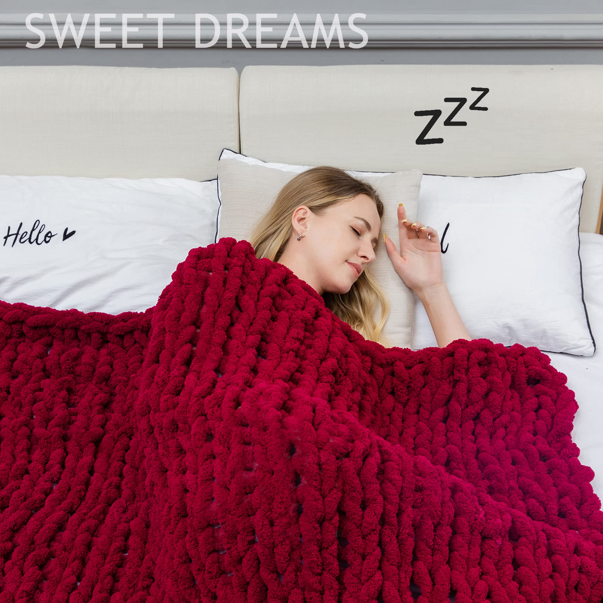Alzoear Chunky Knit Throw Blanket - Chenille Handmade Cozy Warm Blanket for Sofa, Bed, Couch - Soft Luxury Home Decor for Living Room, Bedroom - Perfect for Winter Nights & Gift Giving (Burgundy, 60x80 Inches)