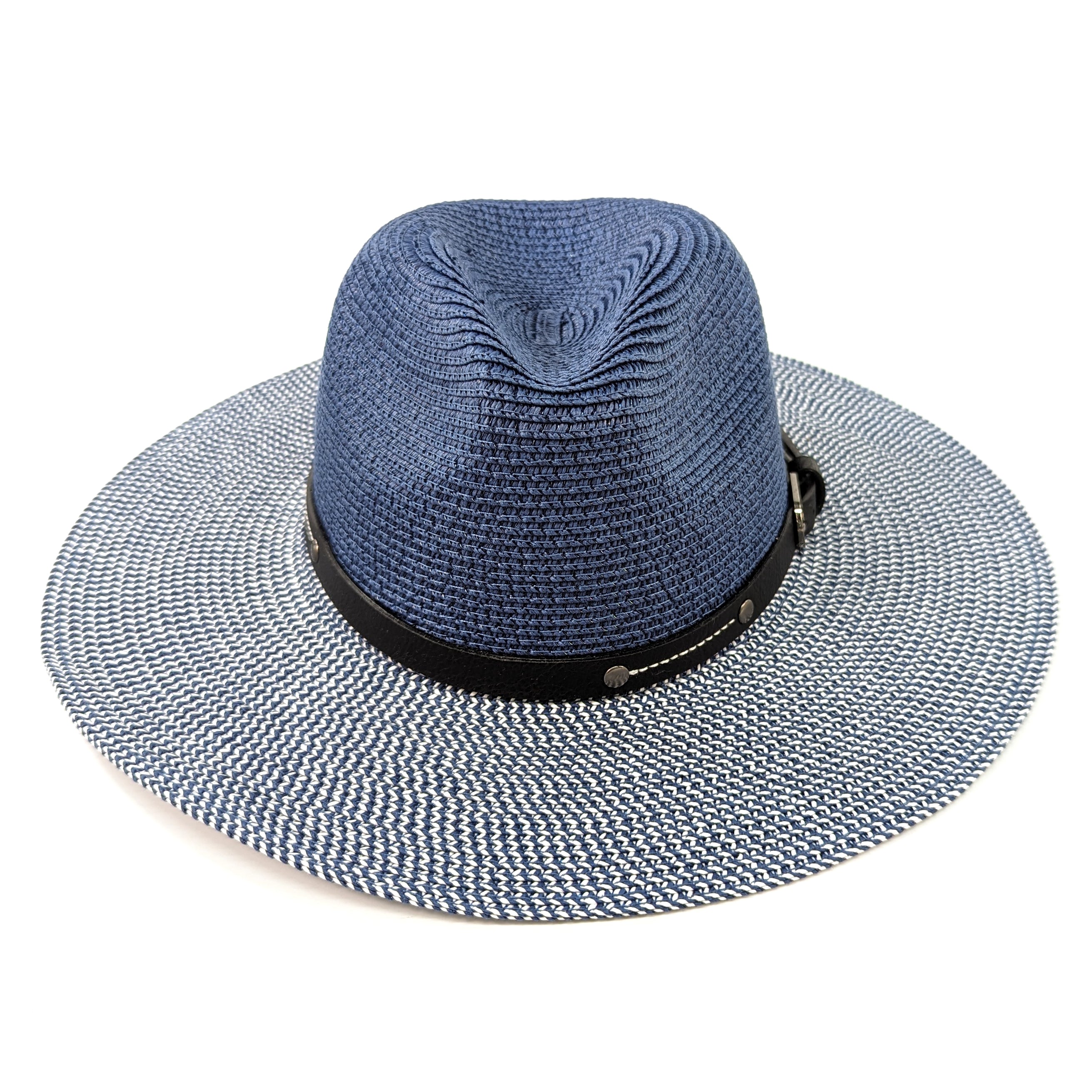 Two Tone Panama Foldable Hat for Men & Women - Mottled/Navy Blue with Adjustable Belt (57cm) - Perfect for Beach, Travel, and Outdoor Activities