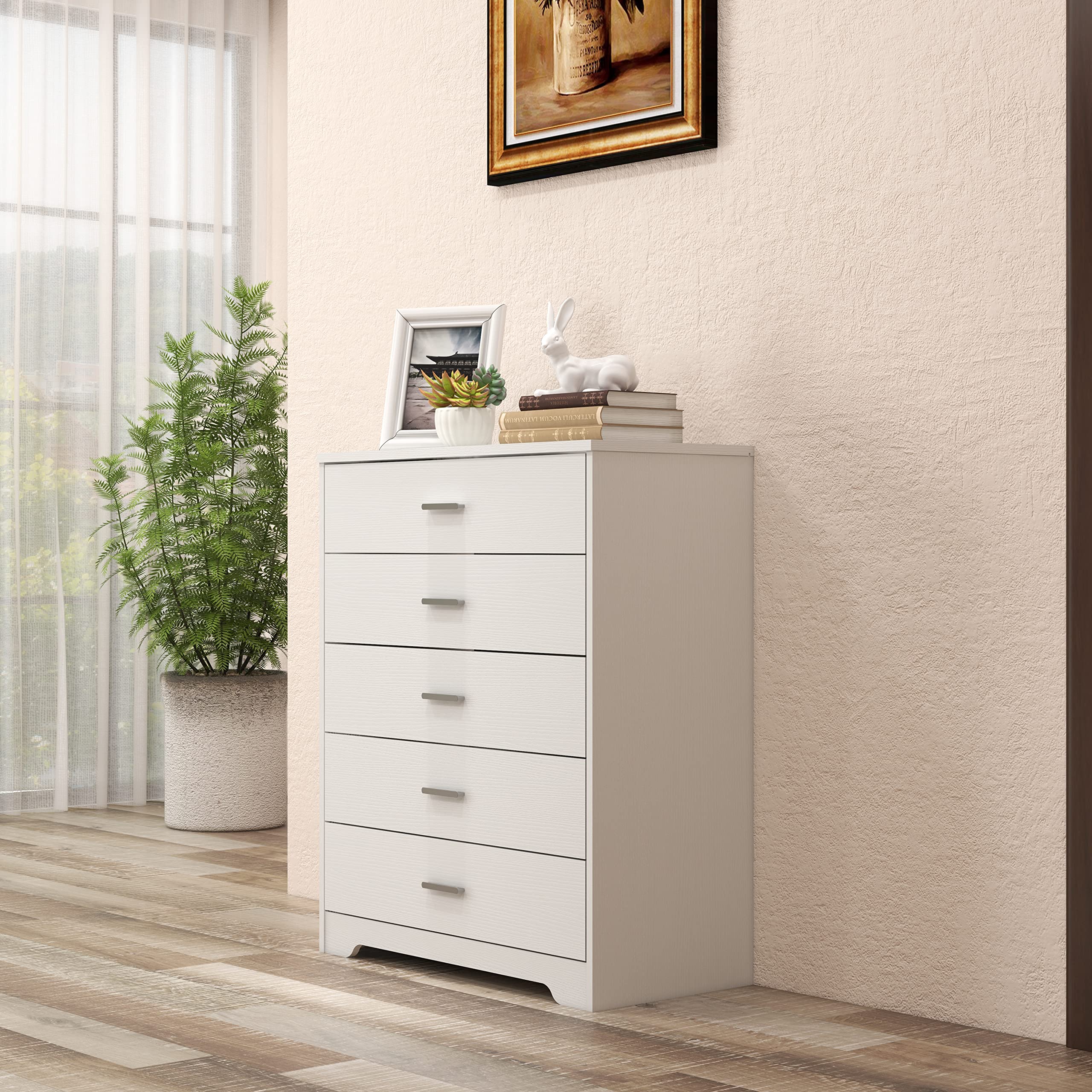 5/6 Drawer Wooden Dresser for Bedroom - White Chest of Drawers with Storage Organizer - Perfect for Bedroom, Living Room, Hallway & Nursery Furniture Organization (5-Drawer, White)