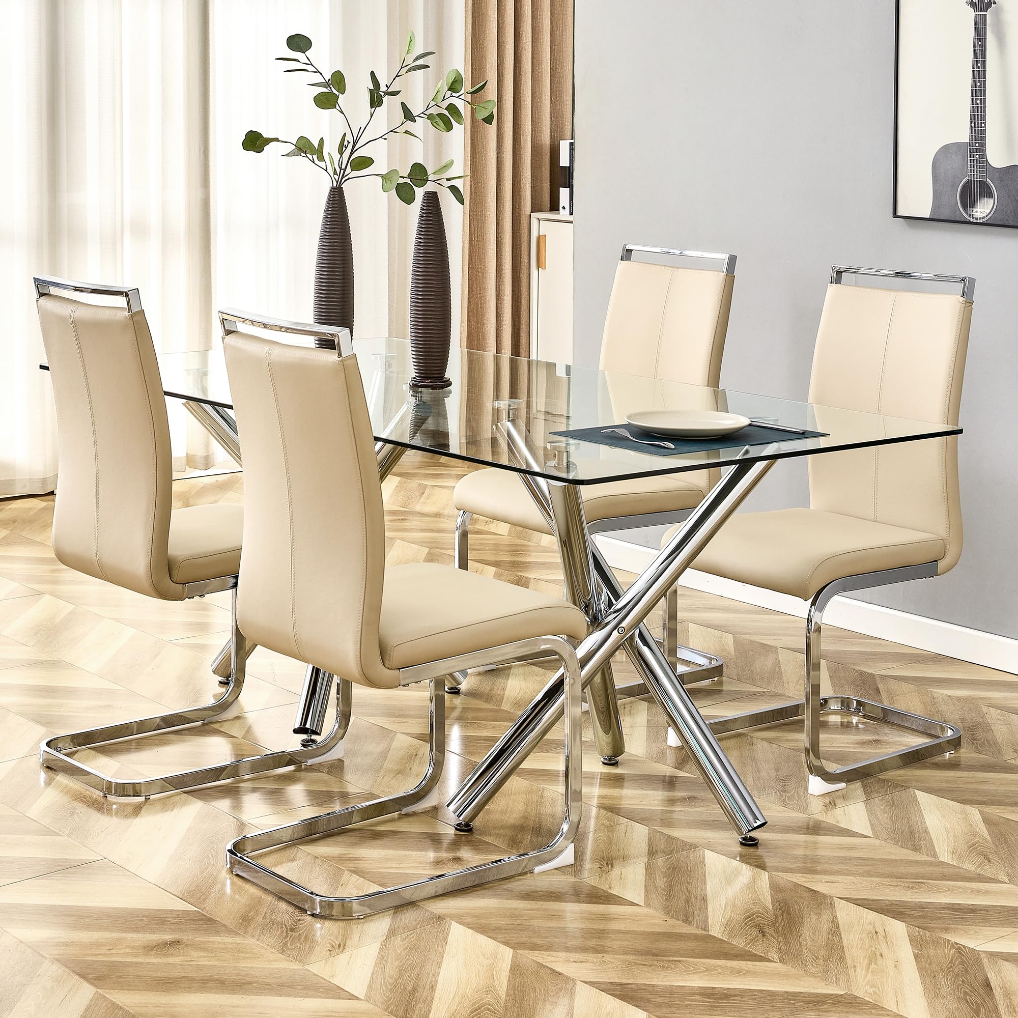 Baysitone Modern Dining Chairs Set of 4 - Silver Metal Frame & Faux Leather Padded High Back Kitchen Side Chairs for Dining Room, Kitchen, Living Room - Beige - Perfect for Family Meals, Entertaining Guests & Home Decor