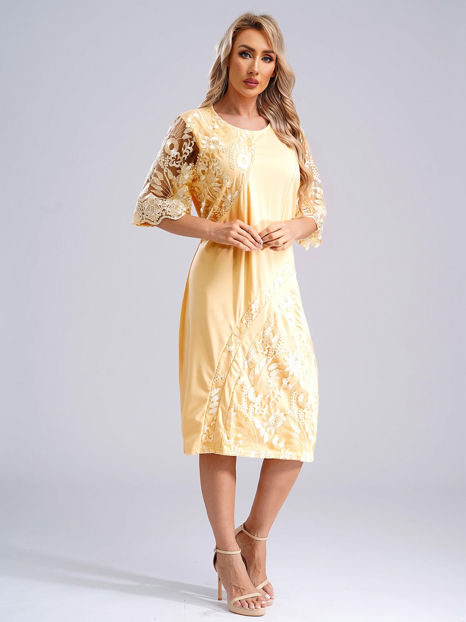 Elegant Plus Size Women's Formal Cocktail Dress with Lace Embroidered Short Sleeves - Perfect for Wedding Guest, Party & Special Occasions