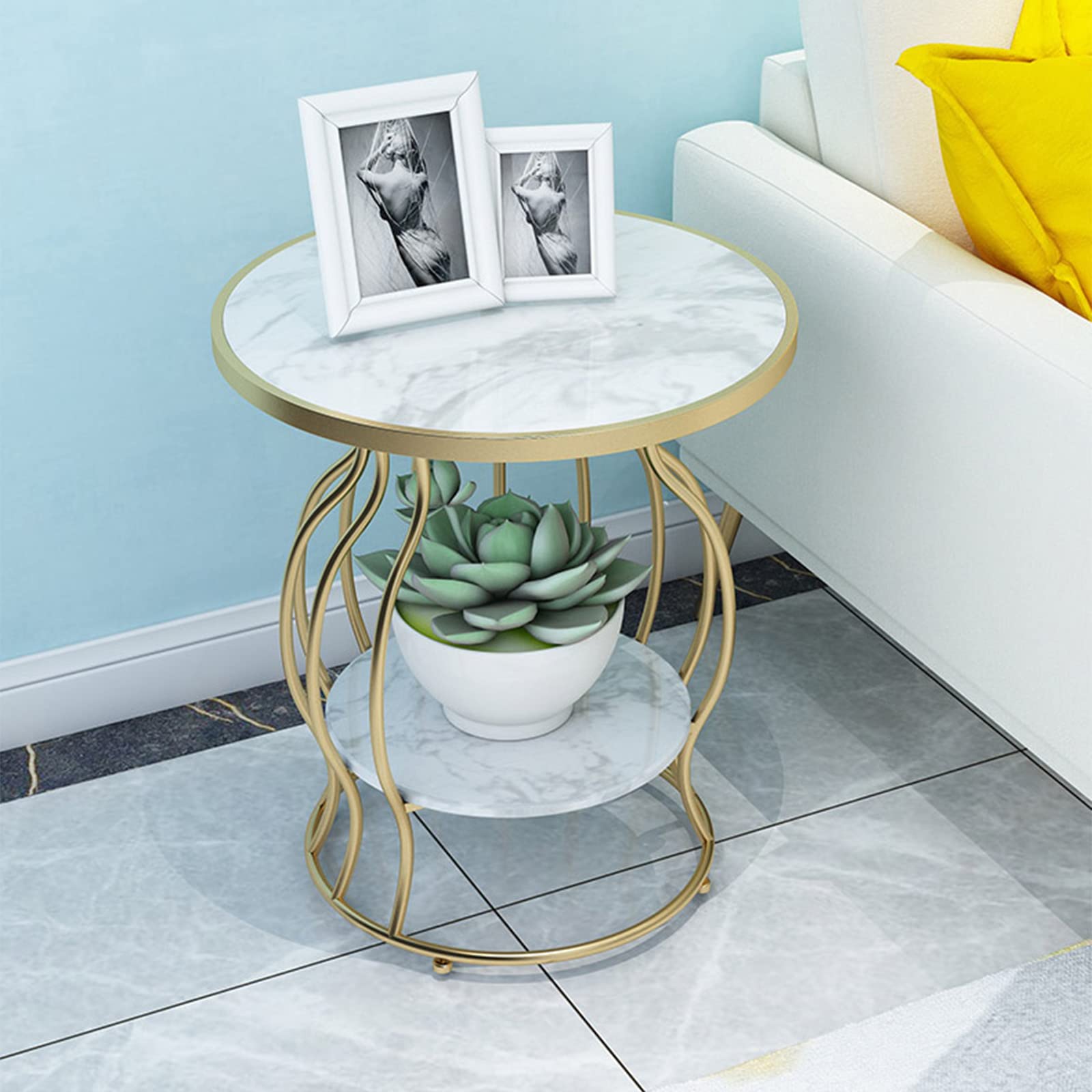 Modern Round Coffee Table with Faux Marble Top & 2-Tier Storage Shelf - Black Living Room Sofa Table for Small Spaces, Home Decor, Apartment Furniture | Perfect for Coffee, Books & Remote Storage