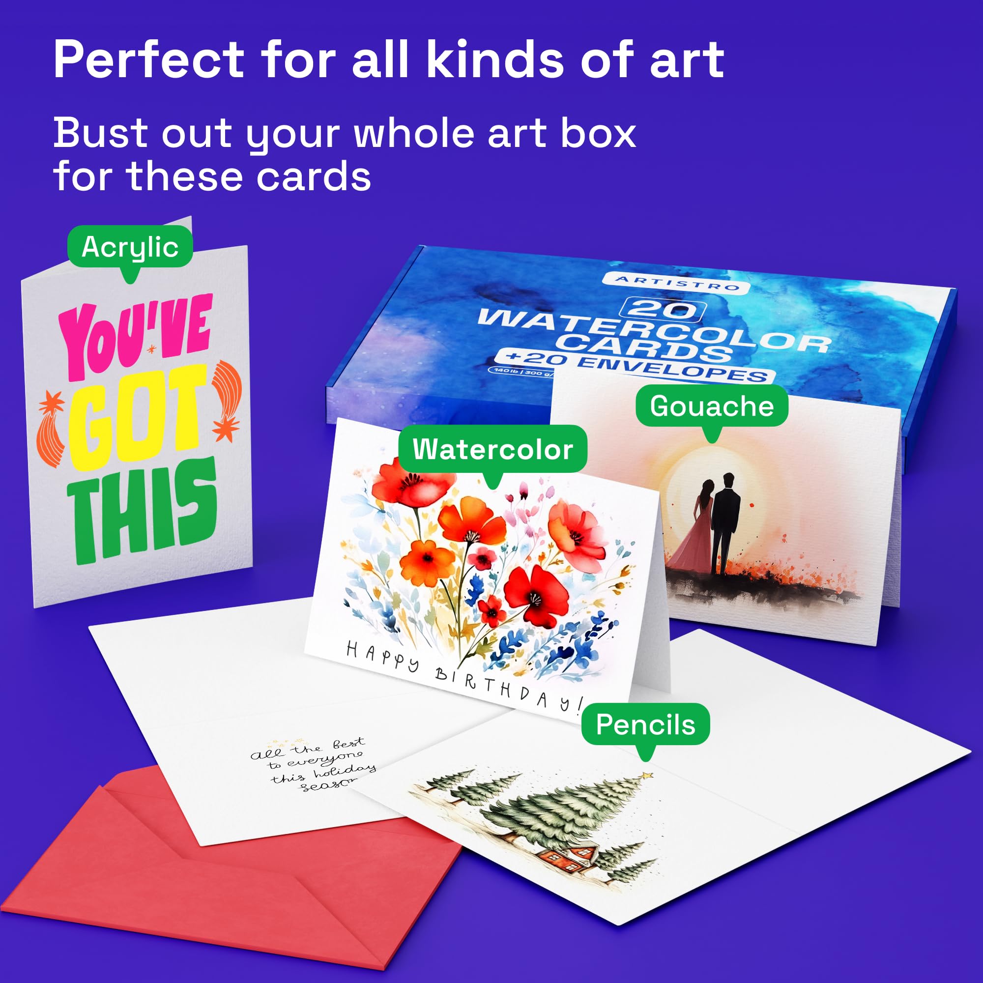 ARTISTRO 20 Watercolor Cards & Envelopes Set - 5x7 Inch Blank Greeting Cards with 140lb (300gsm) Heavyweight Paper - DIY Watercolor Postcards for Thank You Notes, Christmas, Birthday, Wedding Invitations - Perfect for Handmade Crafts & Special Occasions