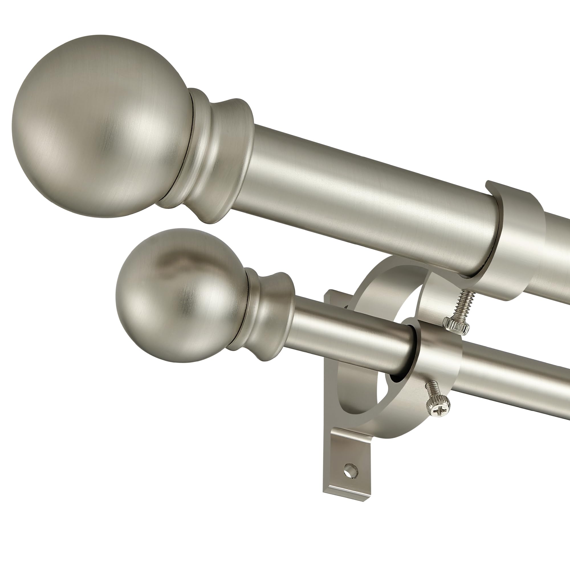 Brushed Nickel Double Curtain Rods 72-144 Inch Adjustable - 1’’ Front & 5/8’’ Back Drapery Rod with Round Finials & Aluminum Brackets - Dual Window Rod for Sheer & Blackout Curtains - Perfect for Living Room, Bedroom & Home Decor