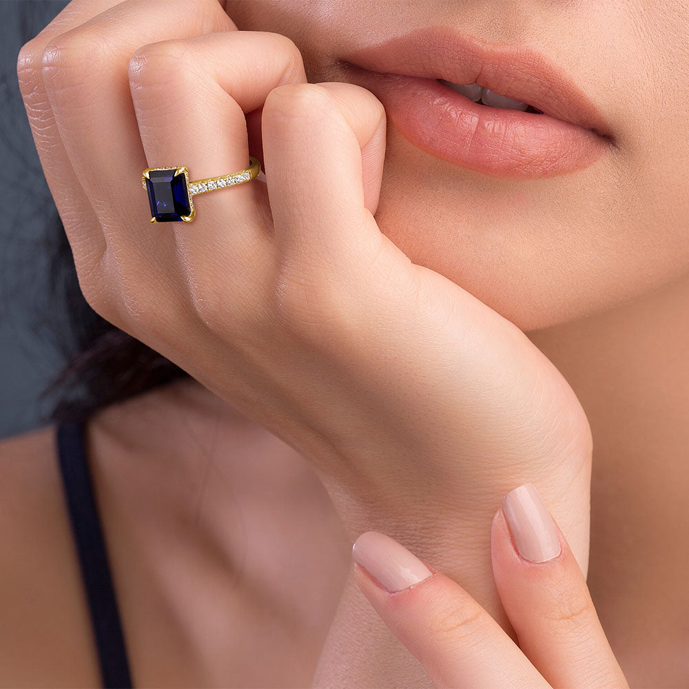 Exquisite Emerald Cut Blue Sapphire & White Sapphire Ring for Women – Elegant Wedding, Engagement, Anniversary Gift – Perfect for Special Occasions