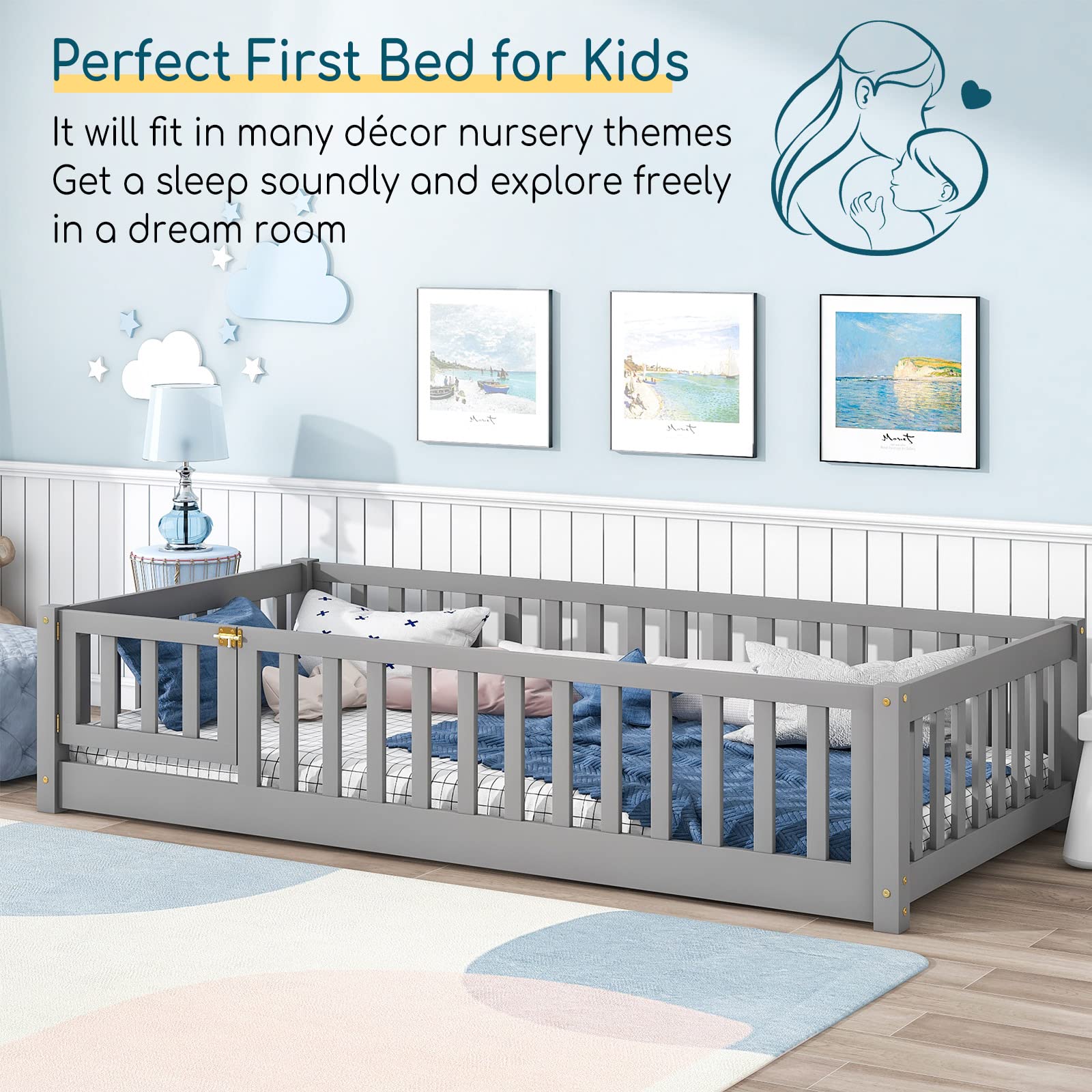 Twin Size Montessori Floor Bed with Safety Guardrails & Slats - Sturdy Wood Toddler Bed Frame for Girls & Boys in Grey - Perfect for Kids' Room, Playroom & Montessori Learning Spaces