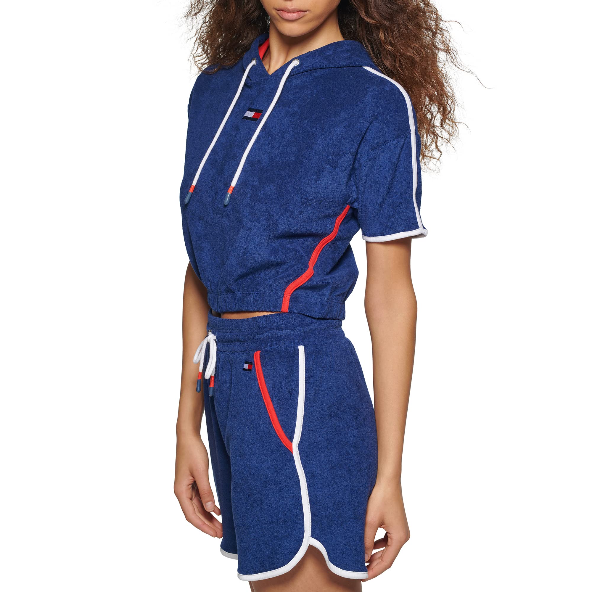 Tommy Hilfiger Women's Short Sleeve Hoodie - Soft Terry Cloth Pullover Sweatshirt for Casual Wear, Gym, and Lounge | Preppy Style Fashion
