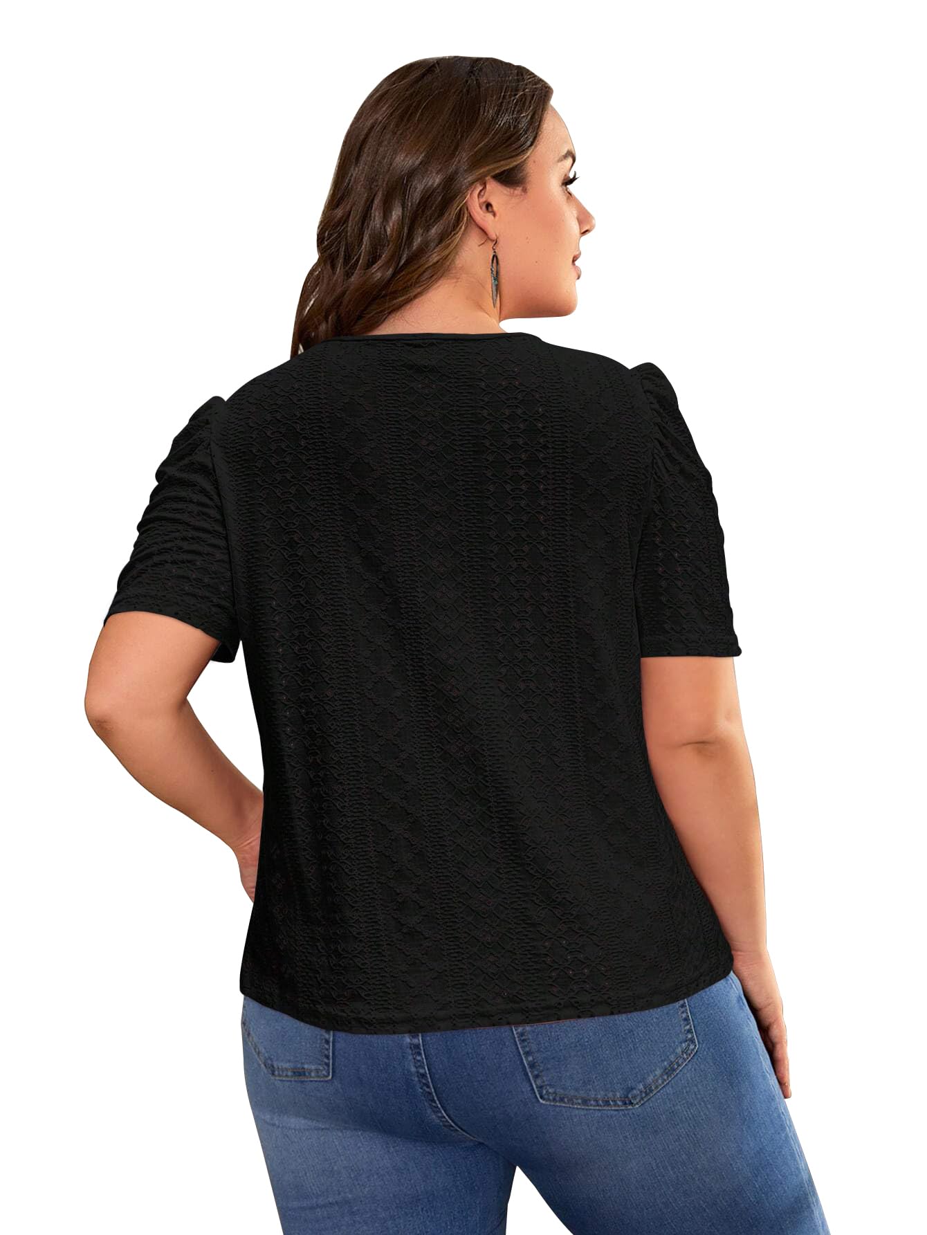 2025 Women's Plus Size Eyelet Embroidery Puff Sleeve Blouse - Soft Crew Neck Casual Loose Fit T-Shirt Top for Work, Date Night & Summer Outfits