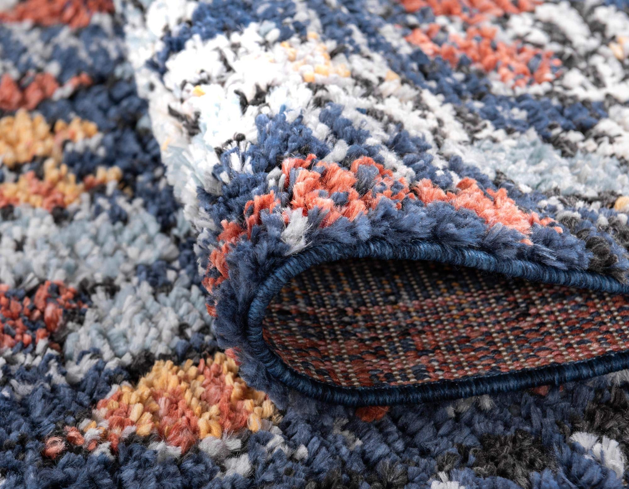 Premium 7 Ft Round Navy Blue High-Pile Moroccan Rug - Soft Plush Area Carpet for Living Room, Bedroom & Dining Room | Handmade Boho Decor | Non-Slip Backing | Easy to Clean