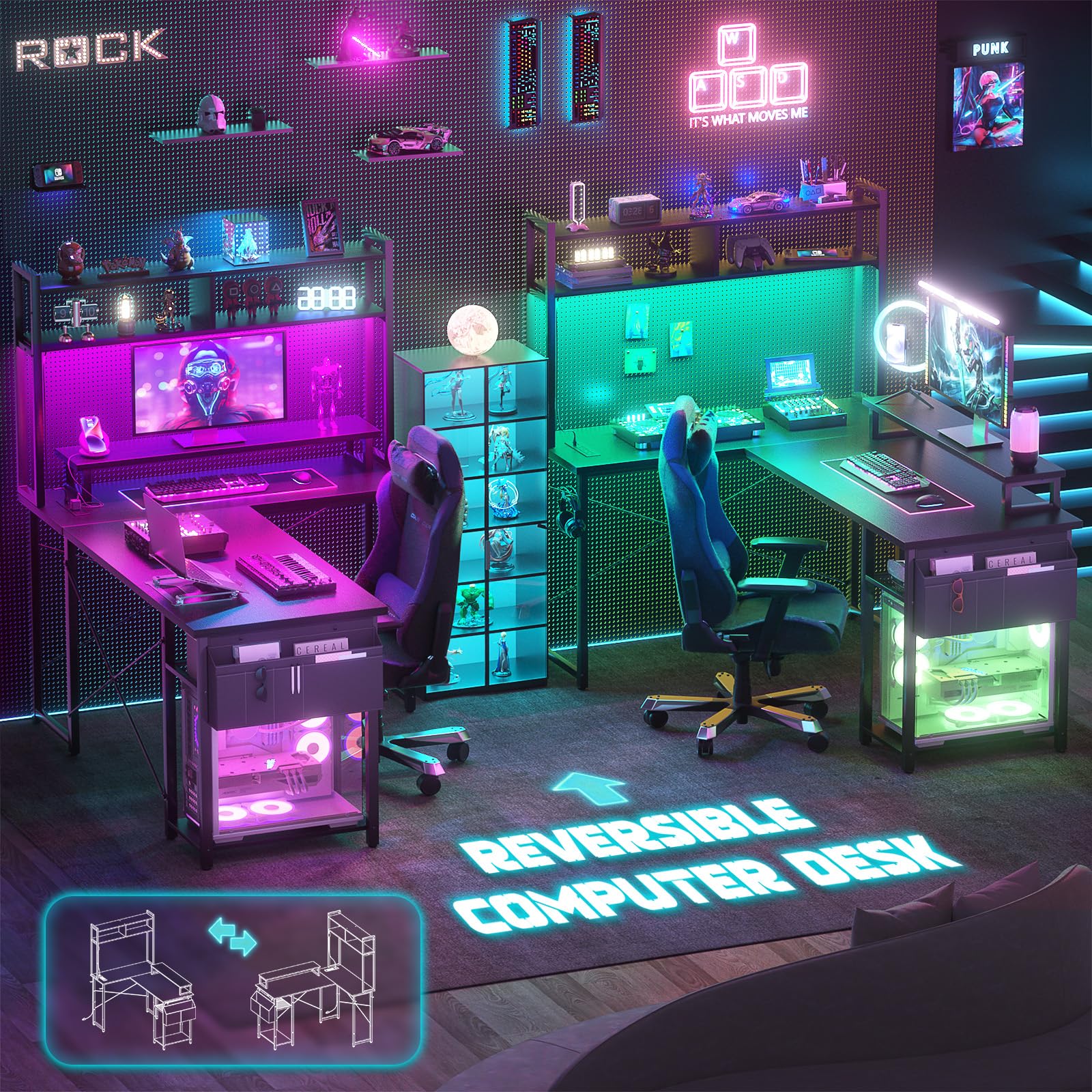 Aheaplus Small L-Shaped Gaming Desk with LED Lights & Power Outouts - Reversible Corner Computer Desk with Monitor Stand, Storage Shelf & Cable Management Bag - Perfect for Home Office, Streaming Setup & Small Space Gaming (Black)