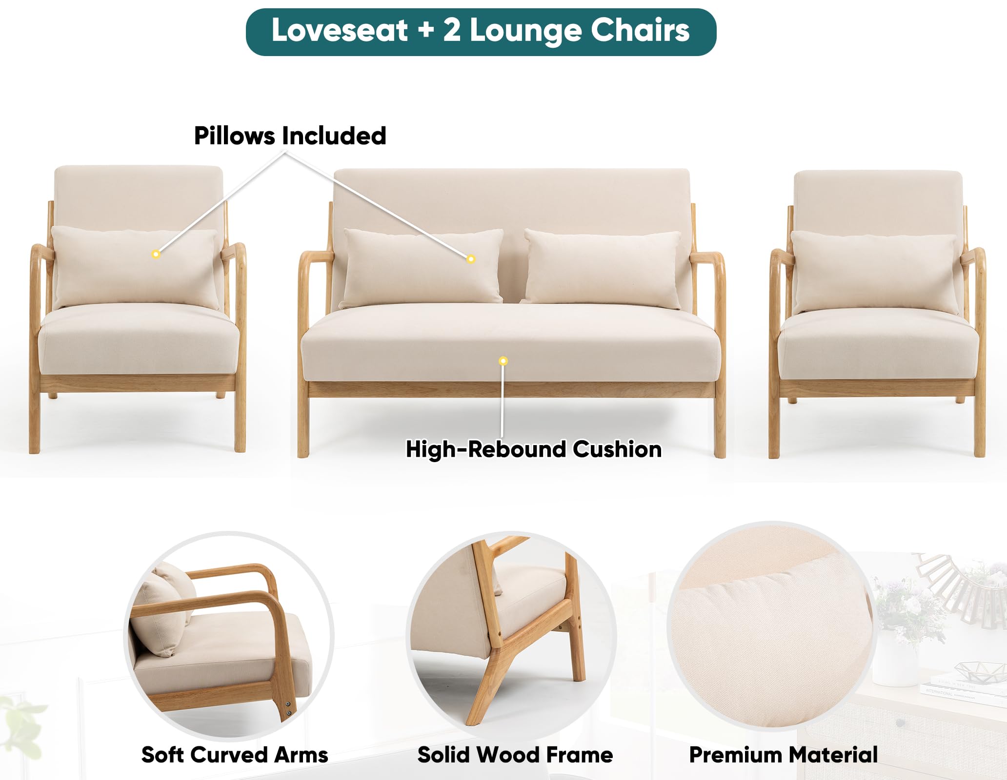 JOYBASE Mid-Century Modern Loveseat and 2 Accent Chairs Set - Compact Sofa for Small Spaces, Apartments, Offices - Beige Living Room Furniture | Perfect for Studio Apartments, Cozy Reading Nooks & Home Offices