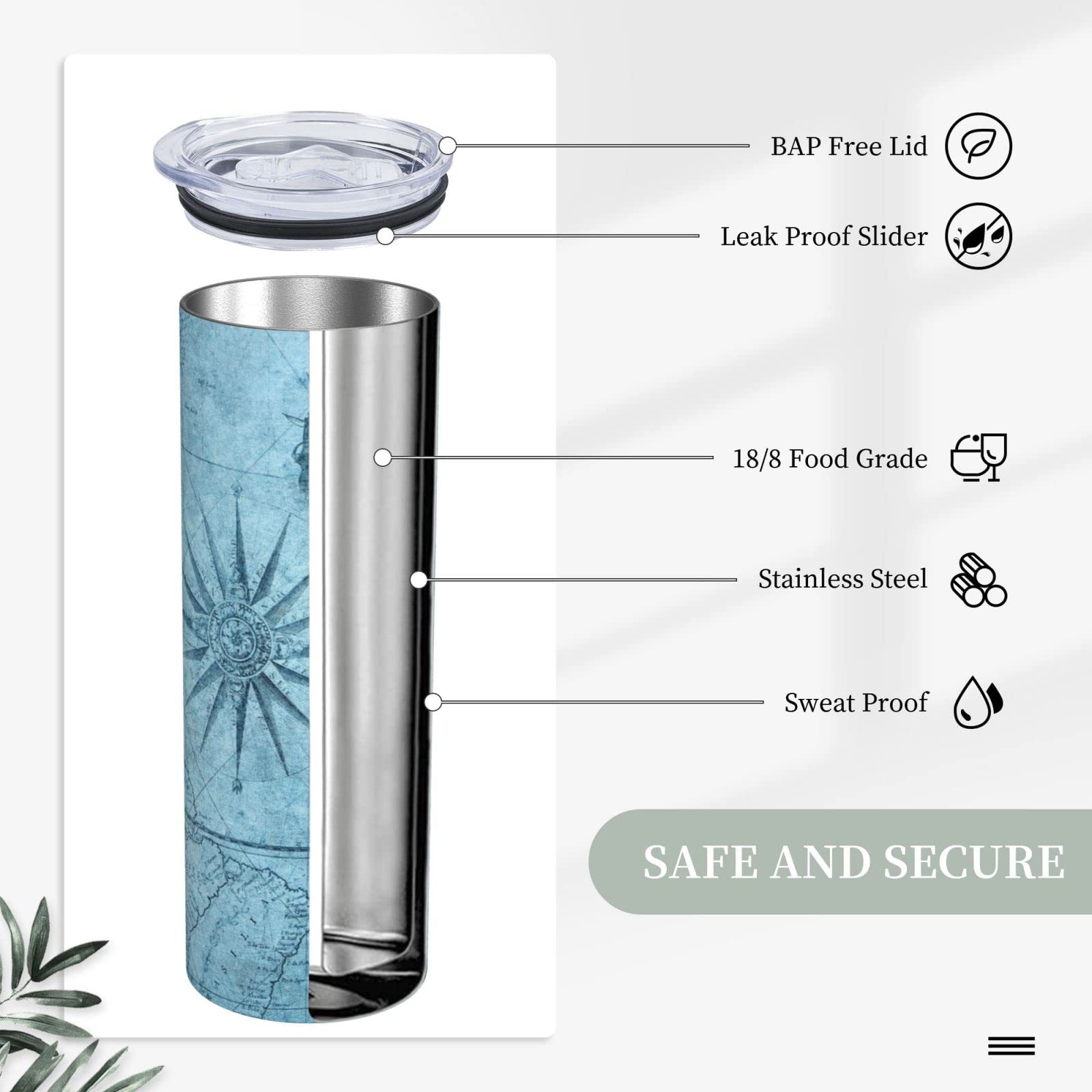 Vintage Nautical Map Compass Stainless Steel Tumbler - 20 oz Insulated Double Wall Travel Coffee Mug with Splash Proof Lid, Straw & Cleaning Brush - Perfect for Home, Office & Outdoor Adventures