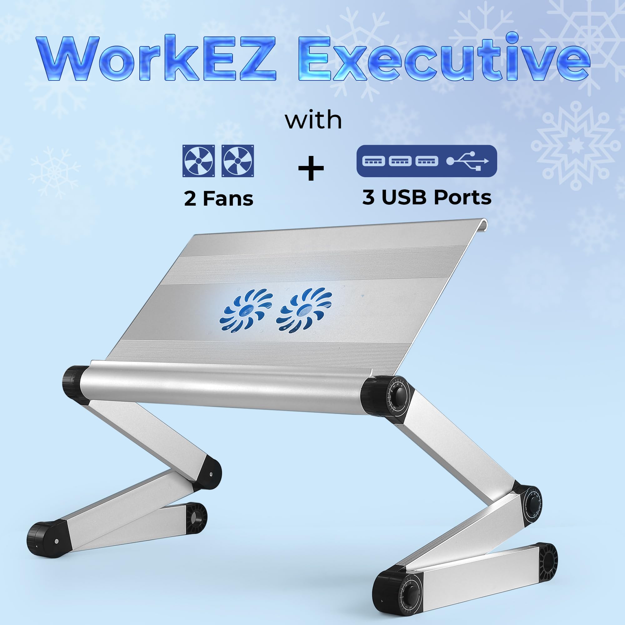 WorkEZ Executive Adjustable Laptop Stand with Cooling Fans & USB Ports - Ergonomic Foldable Portable Computer Riser for Home & Office Desk (Silver) | Perfect for Work, Gaming & Study with Enhanced Airflow & Device Charging