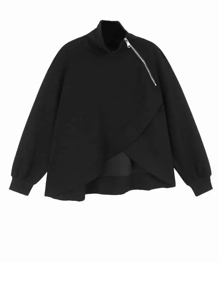 Black Irregular Hem Zipper Sweatshirt for Women - Oversized Turtleneck Pullover with Long Sleeves, Fashionable Streetwear for Spring & Fall 2025 (Style 1DH7190) | Perfect for Casual Outings, Layering & Cold Weather Comfort