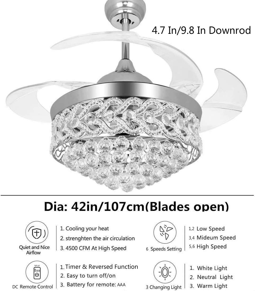 42 Inch Retractable Ceiling Fan with LED Light and Remote Control - 4 Clear ABS Blades - Modern Chandelier Style for Living Room, Dining Room & Bedroom - Quiet Indoor Ceiling Fan Light Combo (Chrome Finish) - Perfect for Home Cooling and Stylish Lighting