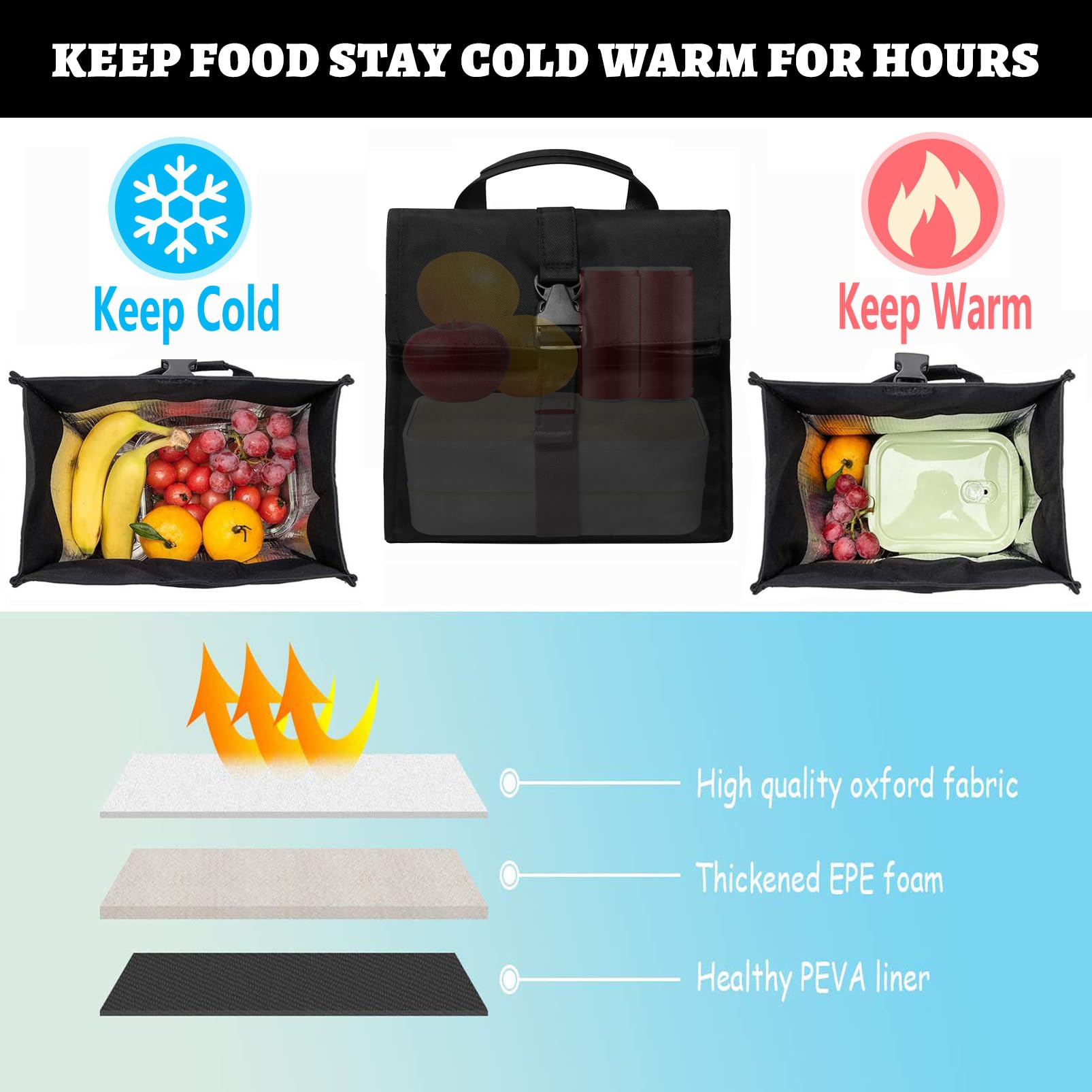 Insulated Foldable Lunch Bag with Adjustable Strap - Lightweight Portable Lunch Box for Men & Women - Perfect for Office, Work, Picnic, Hiking & Beach (Black Hard Fabric) - Keep Meals Fresh On The Go