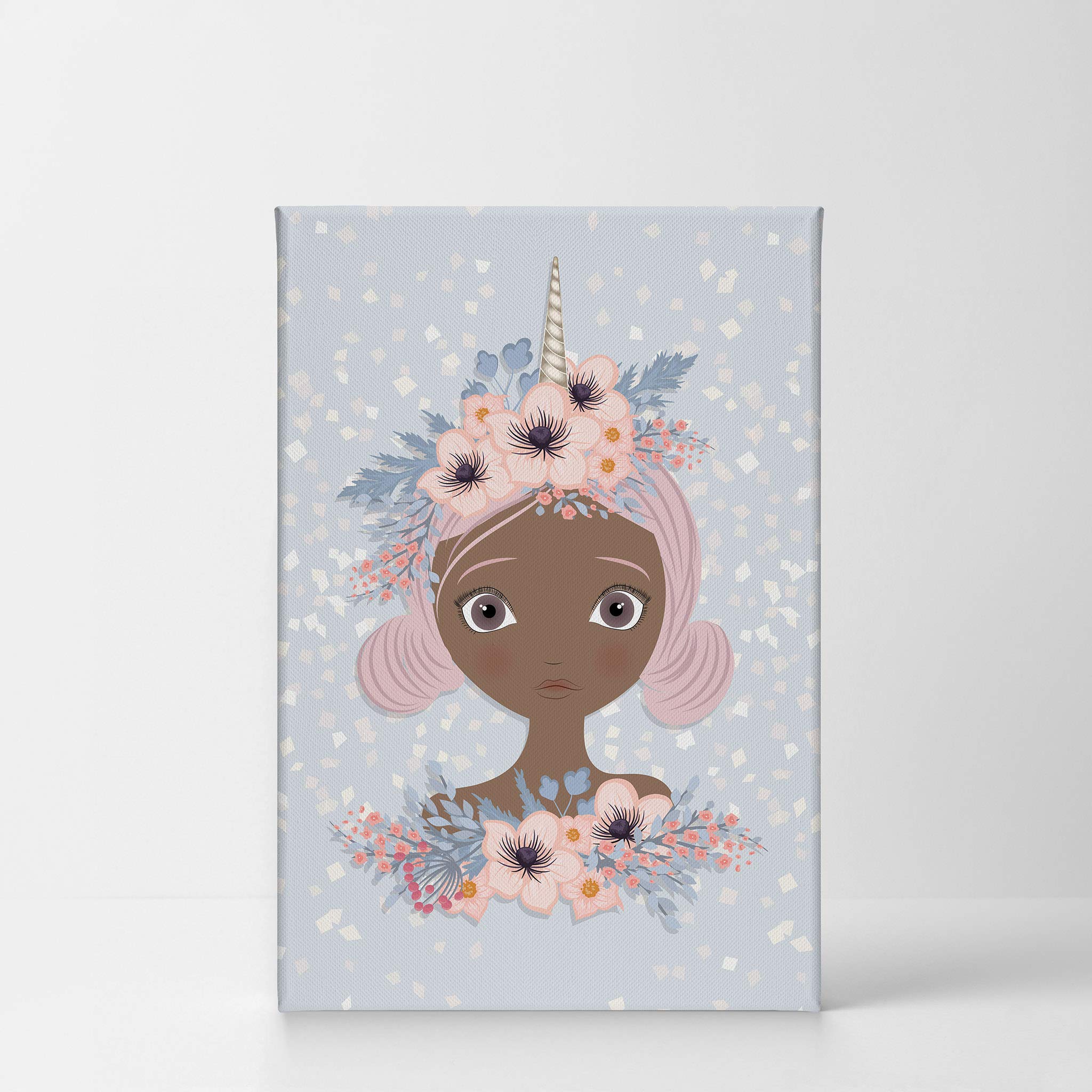African American Unicorn Girl Canvas Wall Art - Smile Art Design Ready to Hang Nursery Decor, Kids Room Decor, Baby Gift (28x19 Inches, Made in USA) - Perfect for Bedroom, Playroom & Birthday Presents