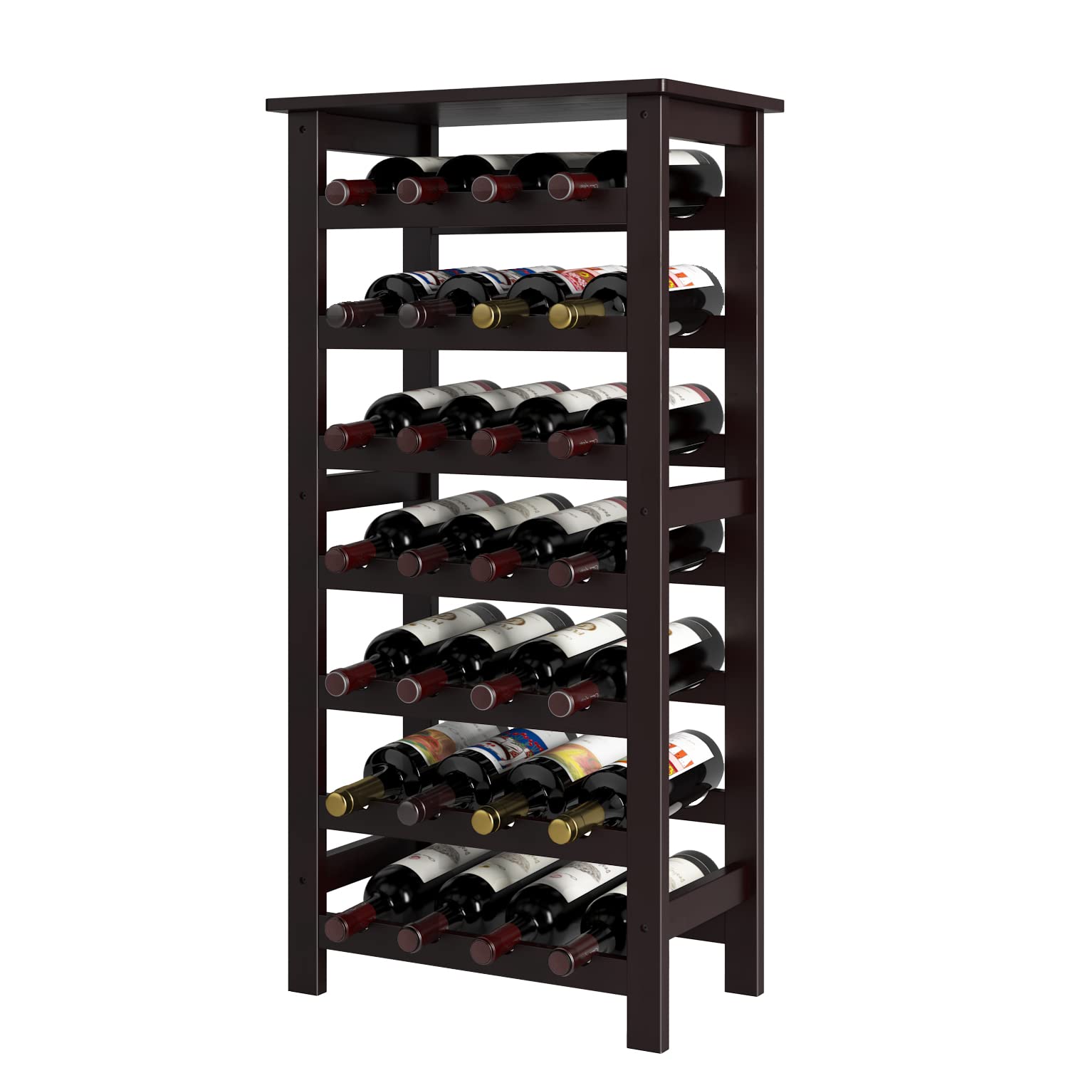 FOTOSOK 7-Tier Modular Bamboo Wine Rack - Sturdy Free-Standing Wine Bottle Holder with Table Top, Holds 28 Bottles - Vintage Style Wine Storage for Kitchen, Bar, Dining & Living Room - Perfect for Home Entertaining & Wine Collection Display
