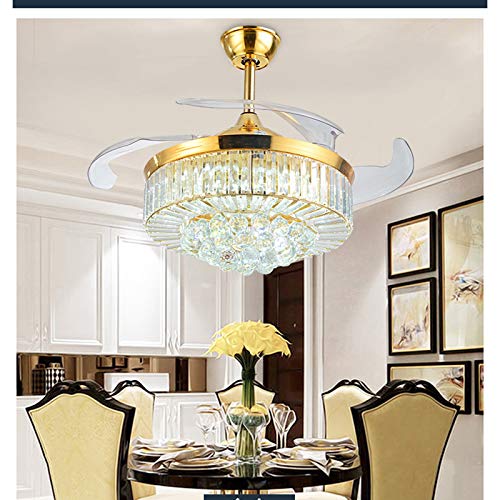 36/42 Inch Modern Luxury K9 Crystal Ceiling Fan with 4 Retractable Blades - 3 Speed Silent Operation, LED Lighting Fixture for Home, Restaurant, Office & Hotel - Perfect for Living Room, Bedroom, Dining Area and Commercial Spaces