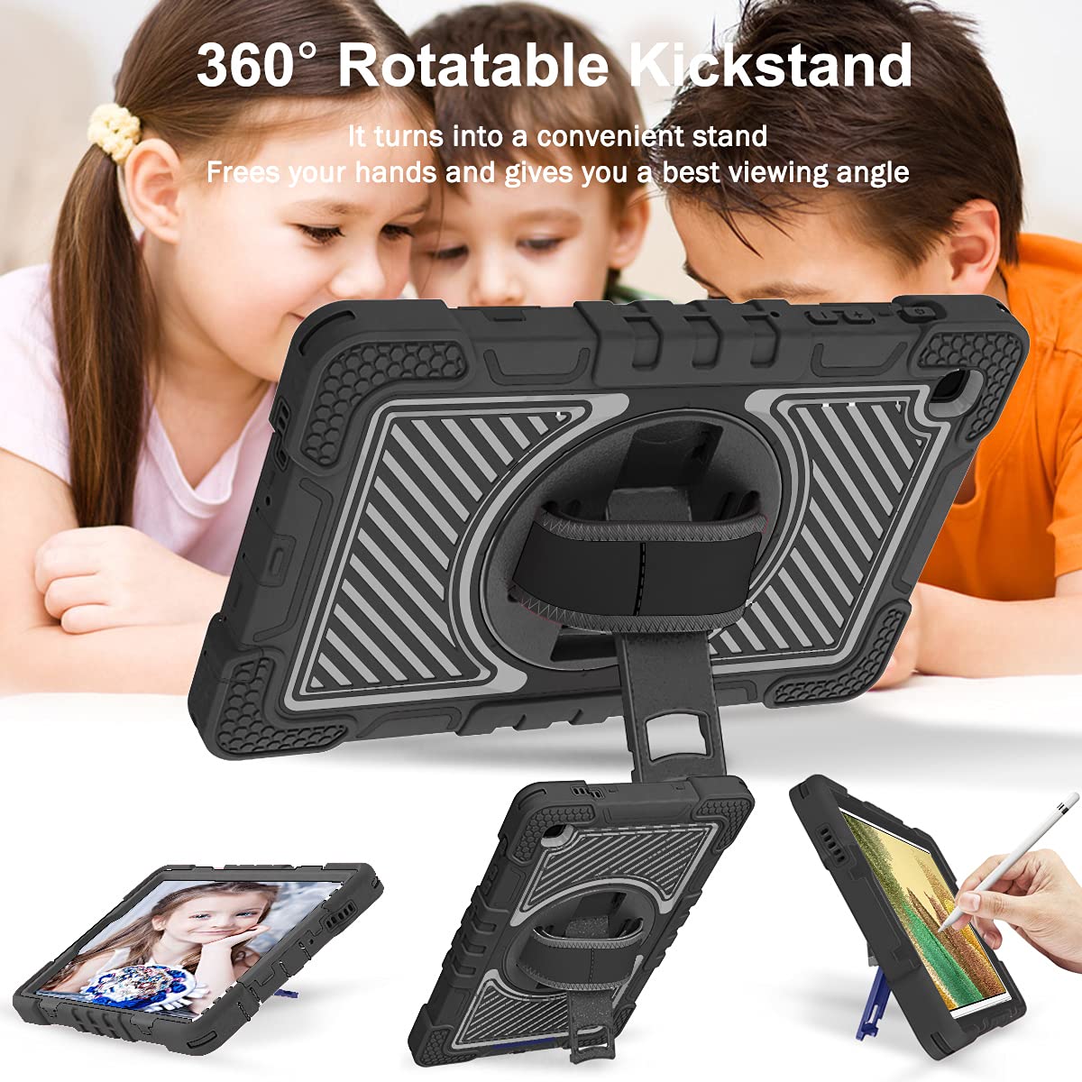 Samsung Galaxy Tab A7 Lite 8.7 Case (2021 Model SM-T220/T225/T227) - Shockproof Hard PC & Silicone Cover with 360° Rotating Kickstand, Pencil Holder & Adjustable Hand Shoulder Strap - Perfect for Work, Travel & School Use