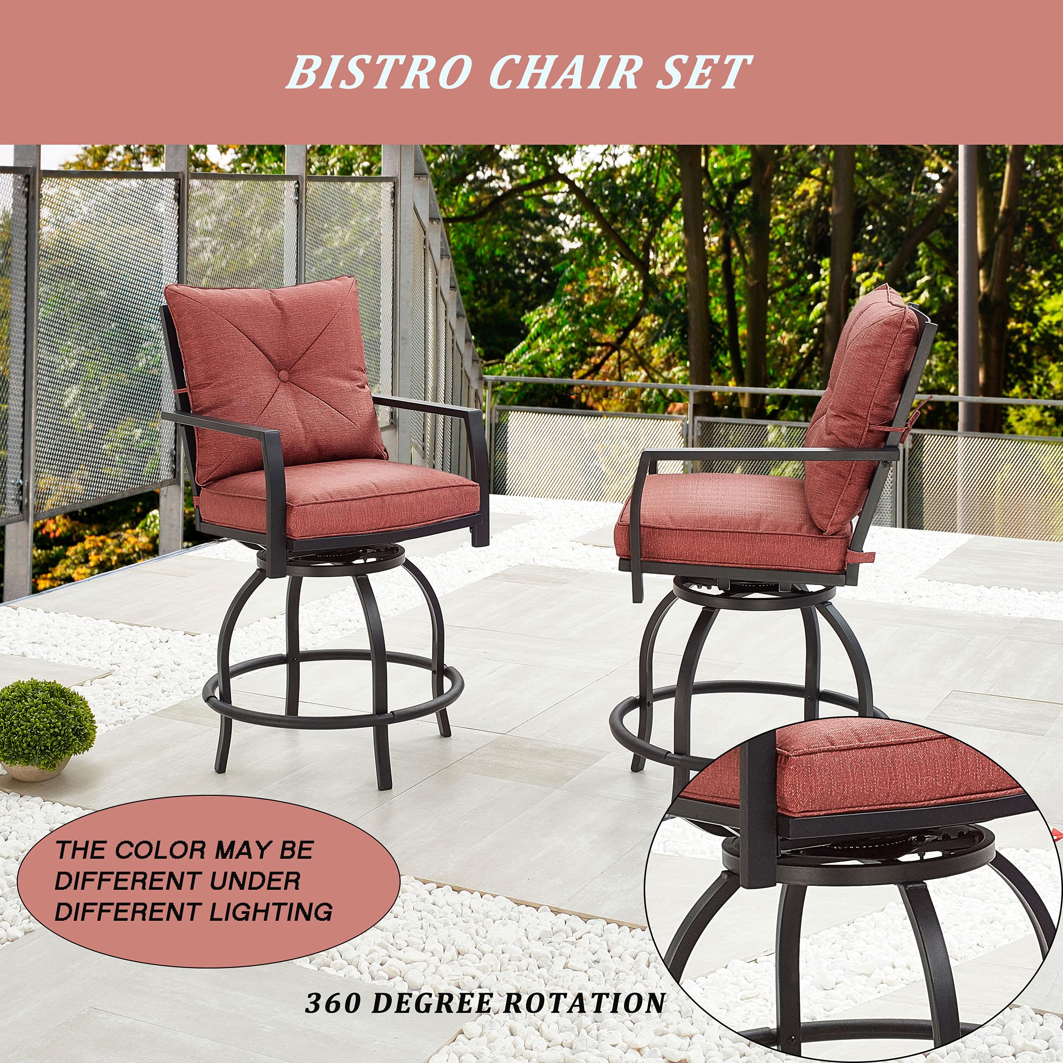 LOKATSE HOME 2-Piece Outdoor Swivel Bar Stool Set with Cushions - Patio, Bistro, Garden, Poolside Metal Height Adjustable Stools (Red) - Perfect for Backyard, Deck, and Outdoor Dining Areas