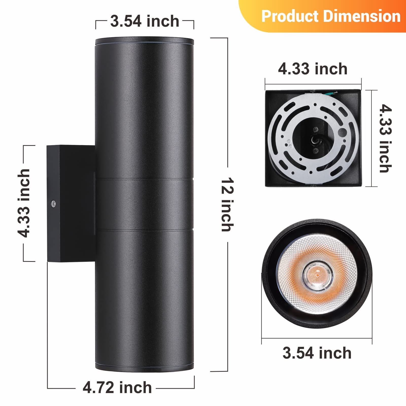 4-Pack Matte Black Outdoor Wall Lights - 12W 2700K Integrated LED Cylinder Up Down Lights, Aluminum Exterior Light Fixtures for Porch, Patio, Doorway & Garden - Weatherproof Outdoor Lighting for Home & Commercial Use
