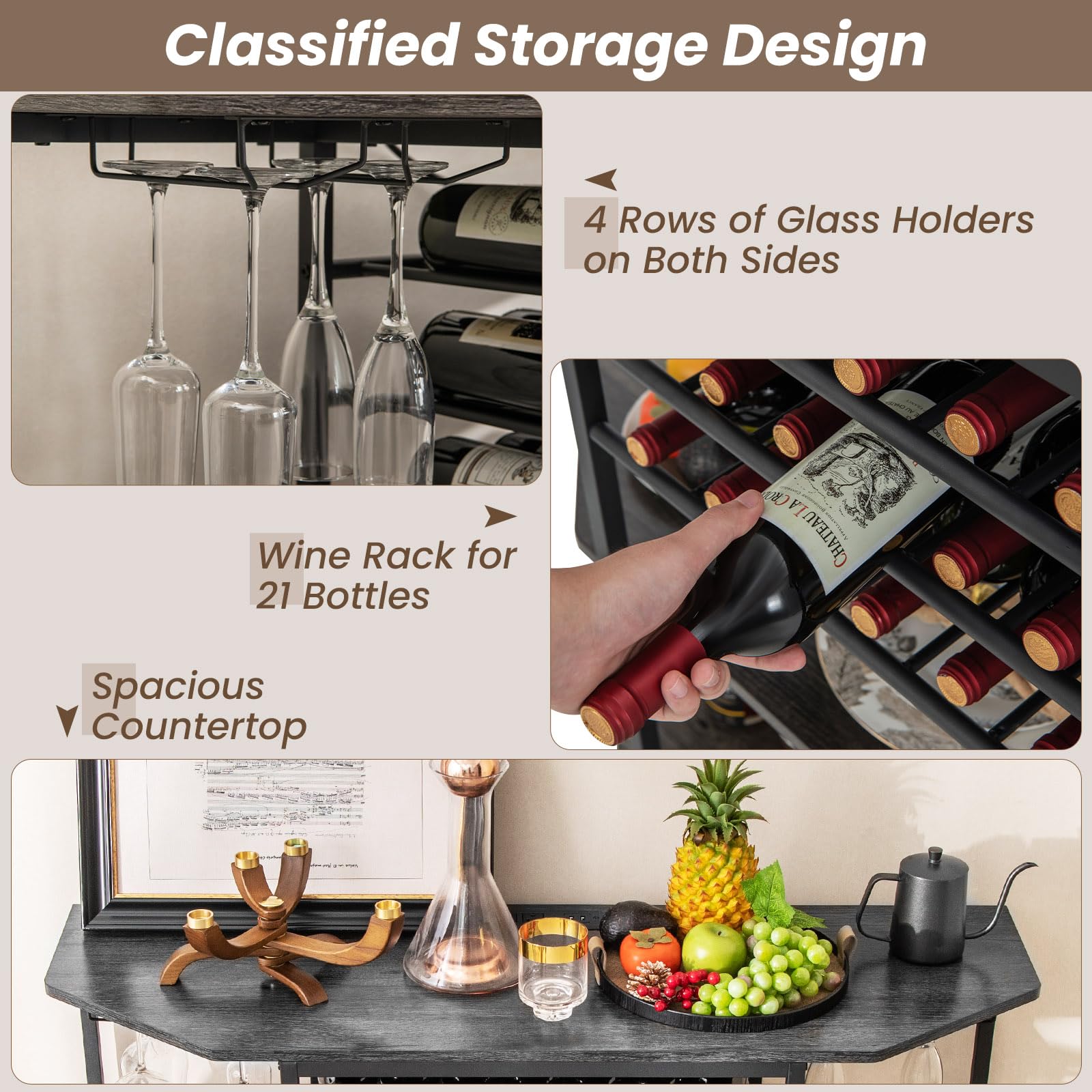 Giantex Industrial Bar Table Cabinet with Power Outlet & USB Port - 21 Bottle Wine Rack & Glass Holder - 3-Tier Mini Coffee Bar Stand for Liquor Storage - Perfect for Kitchen, Dining Room & Home Bar Organization