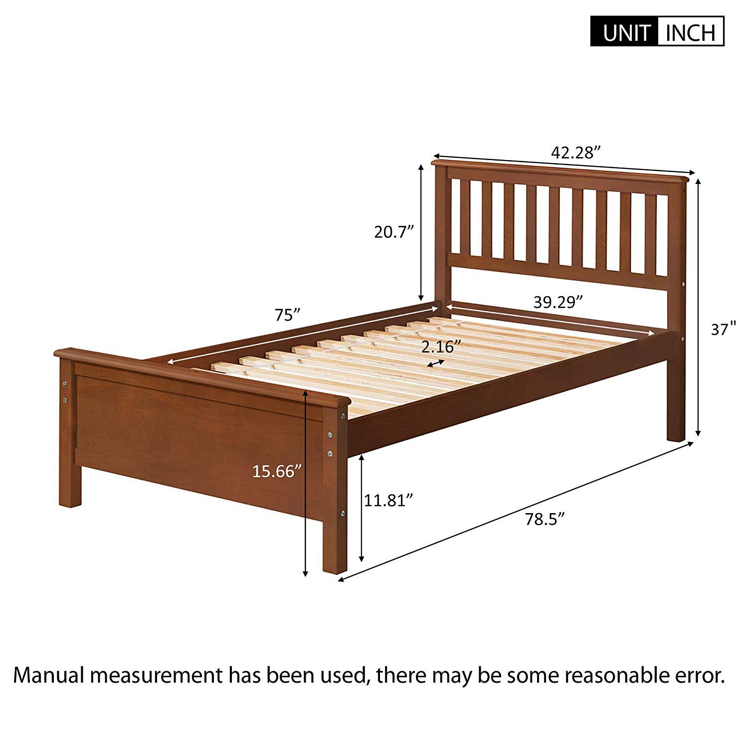 MERITLINE Solid Wood Twin Bed Frame with Headboard & Footboard - No Box Spring Needed, Walnut Finish - Perfect for Kids Rooms, Guest Bedrooms & Small Spaces