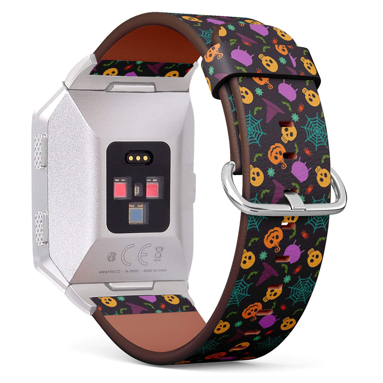 FITBIT IONIC Compatible Leather Watch Band - Premium Stainless Steel Clasp & Adapters Replacement Strap (Perfect for Halloween, Workouts & Everyday Wear)