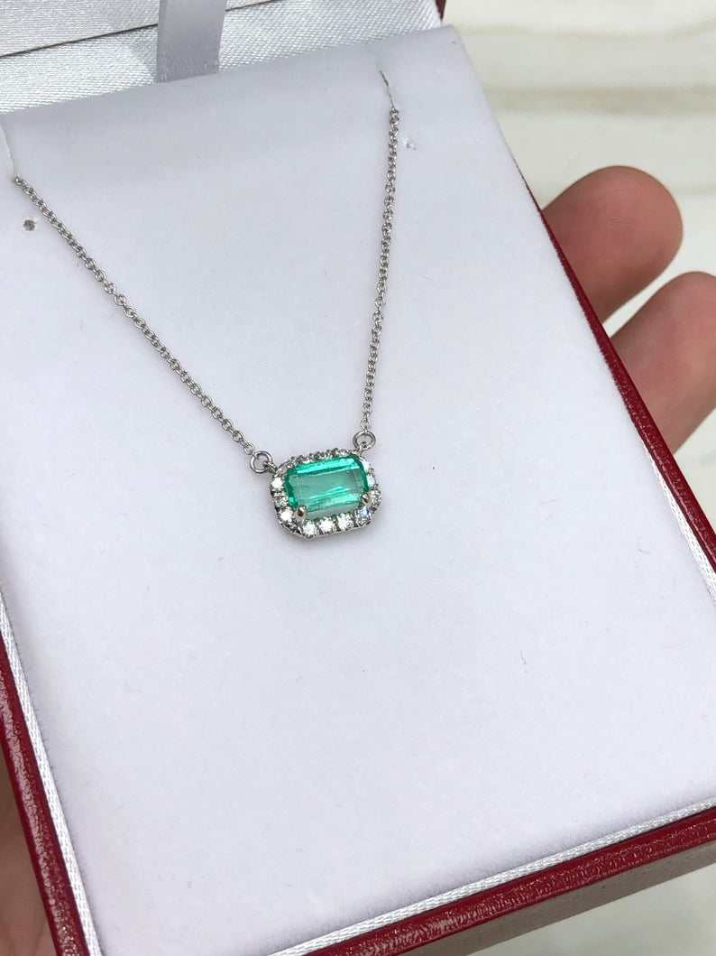 1.25tcw East to West Spring Green Emerald Cut Diamond Pave Halo White Gold Necklace 14K - Elegant Jewelry for Weddings, Anniversaries & Special Occasions