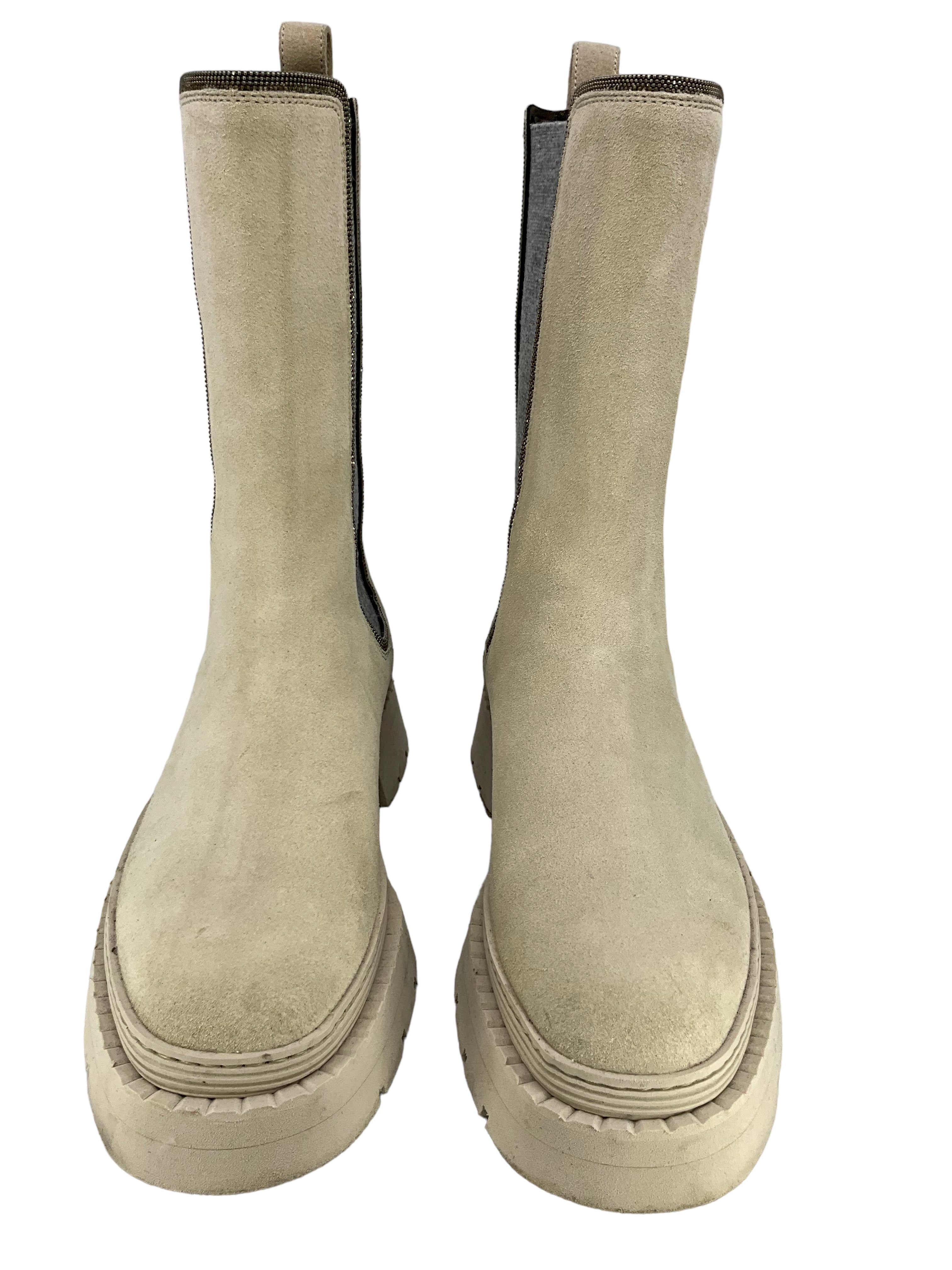 Brunello Cucinelli Women's Size 7 Cashmere & Suede Monili Bead Chelsea Boots - Luxury Winter Ankle Booties for Office, Date Night & Holiday Parties