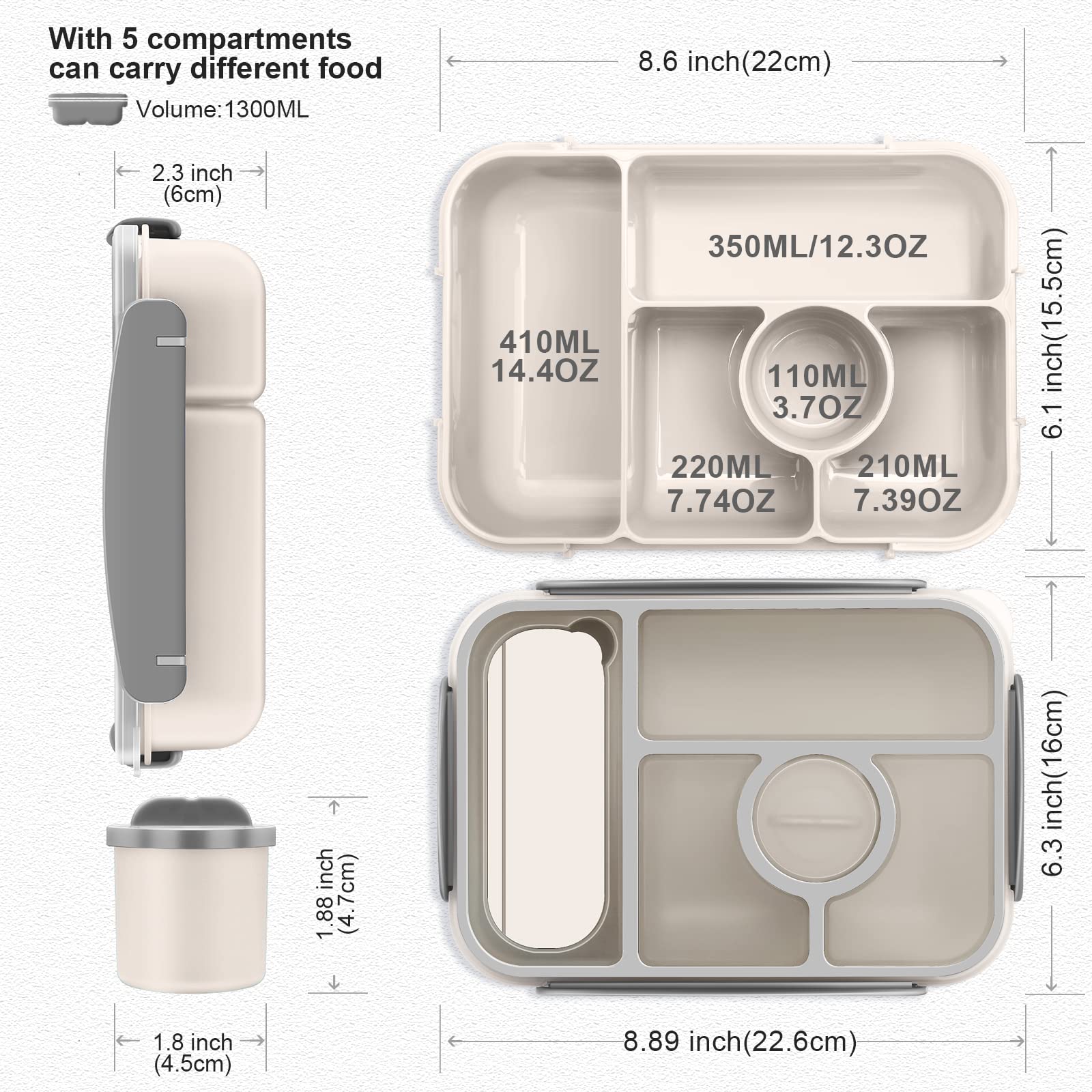 5 Compartment Bento Lunch Box for Adults & Kids - Microwave, Dishwasher & Freezer Safe with Sauce Containers | Perfect for School, Office & Picnic (White)