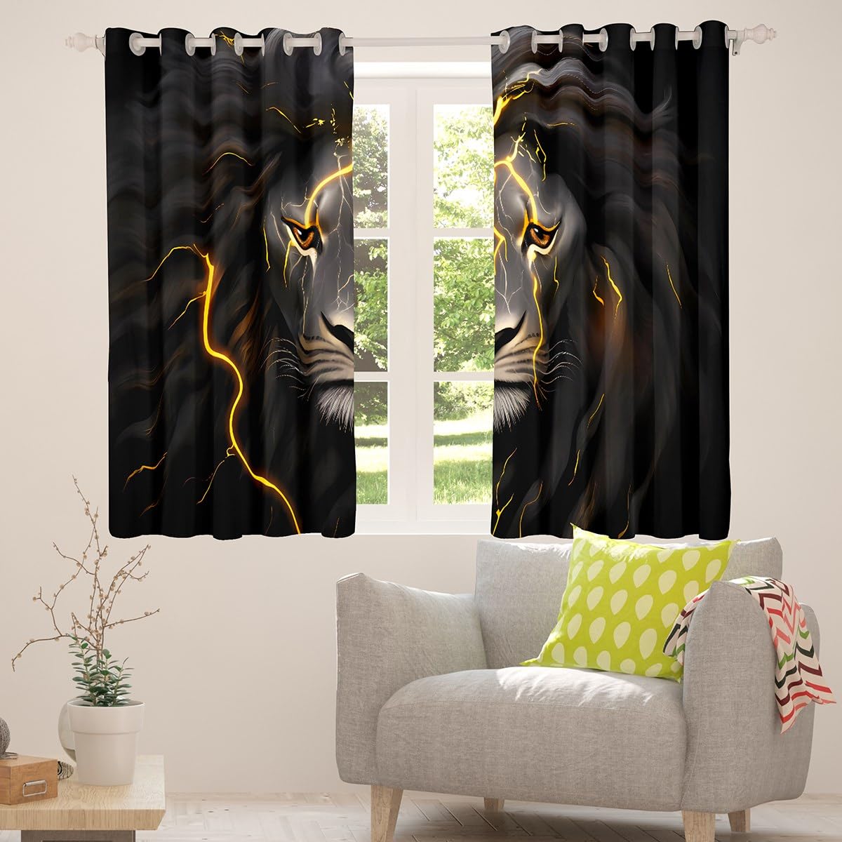 Gold Lion Head Window Curtains - Black & Grey Safari Animal Drapes for Bedroom & Living Room - 2 Panels 52x96 Inches - Perfect for Boys, Teens & Men - African Wildlife Theme Home Decor for Jungle & Adventure Style Rooms