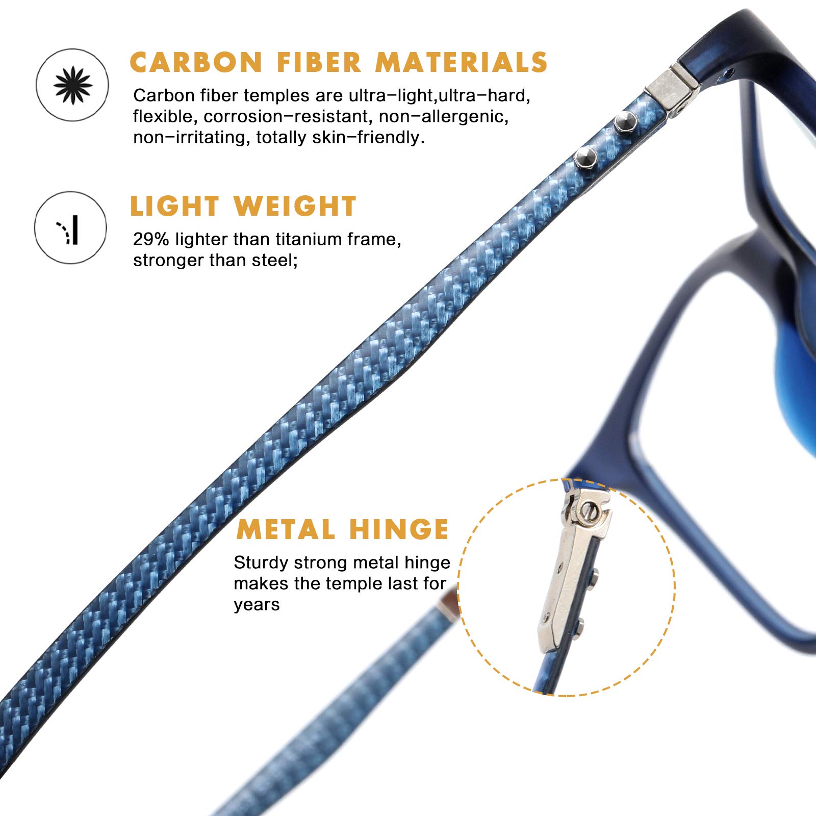 Premium Carbon Fiber Blue Light Blocking Glasses for Men & Women - DUCO Luxury Computer Glasses for Eye Strain Relief - Perfect for Office Work, Gaming & Screen Time