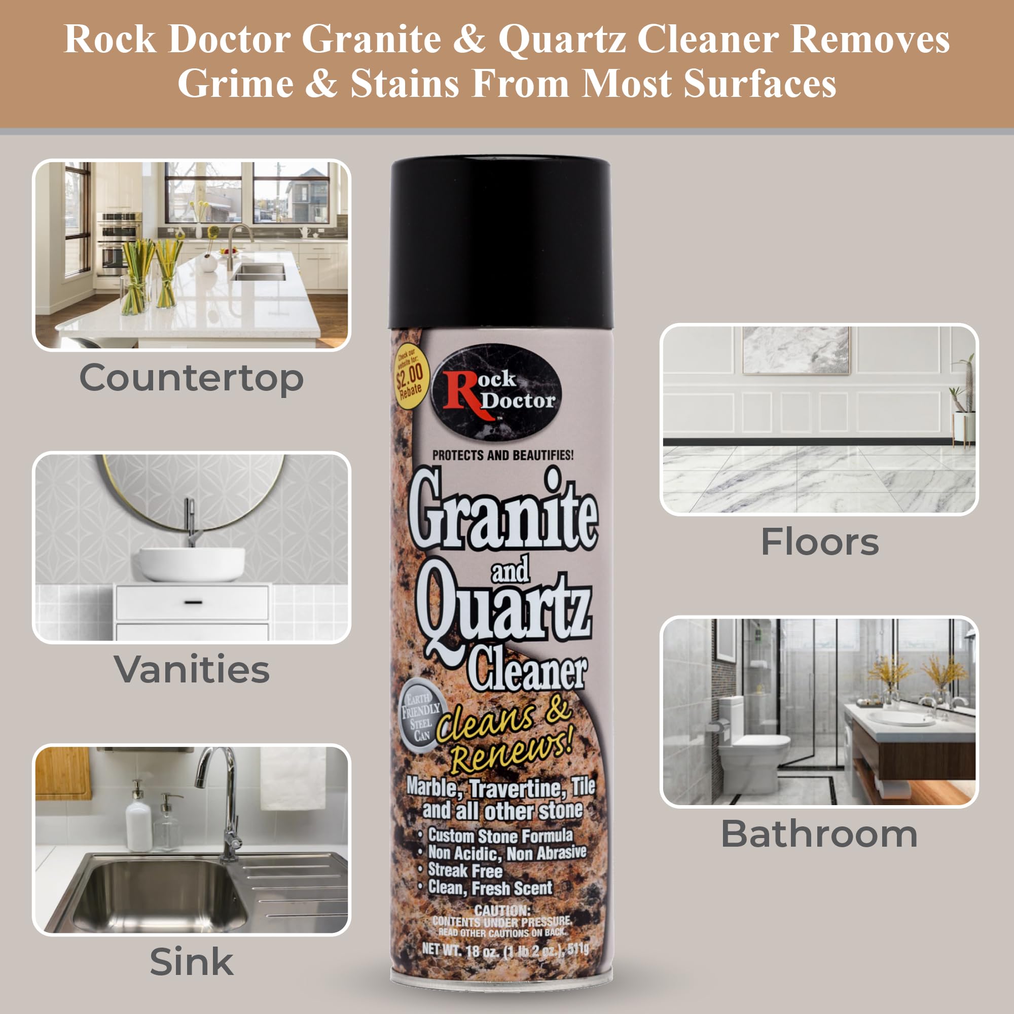 Rock Doctor Granite Cleaner & Polish - 18 oz Spray for Granite, Marble, Countertops, Vanity & Stone Surfaces | Deep Cleans, Shines & Protects | Safe for Kitchen, Bathroom & Outdoor Use (Pack of 4)