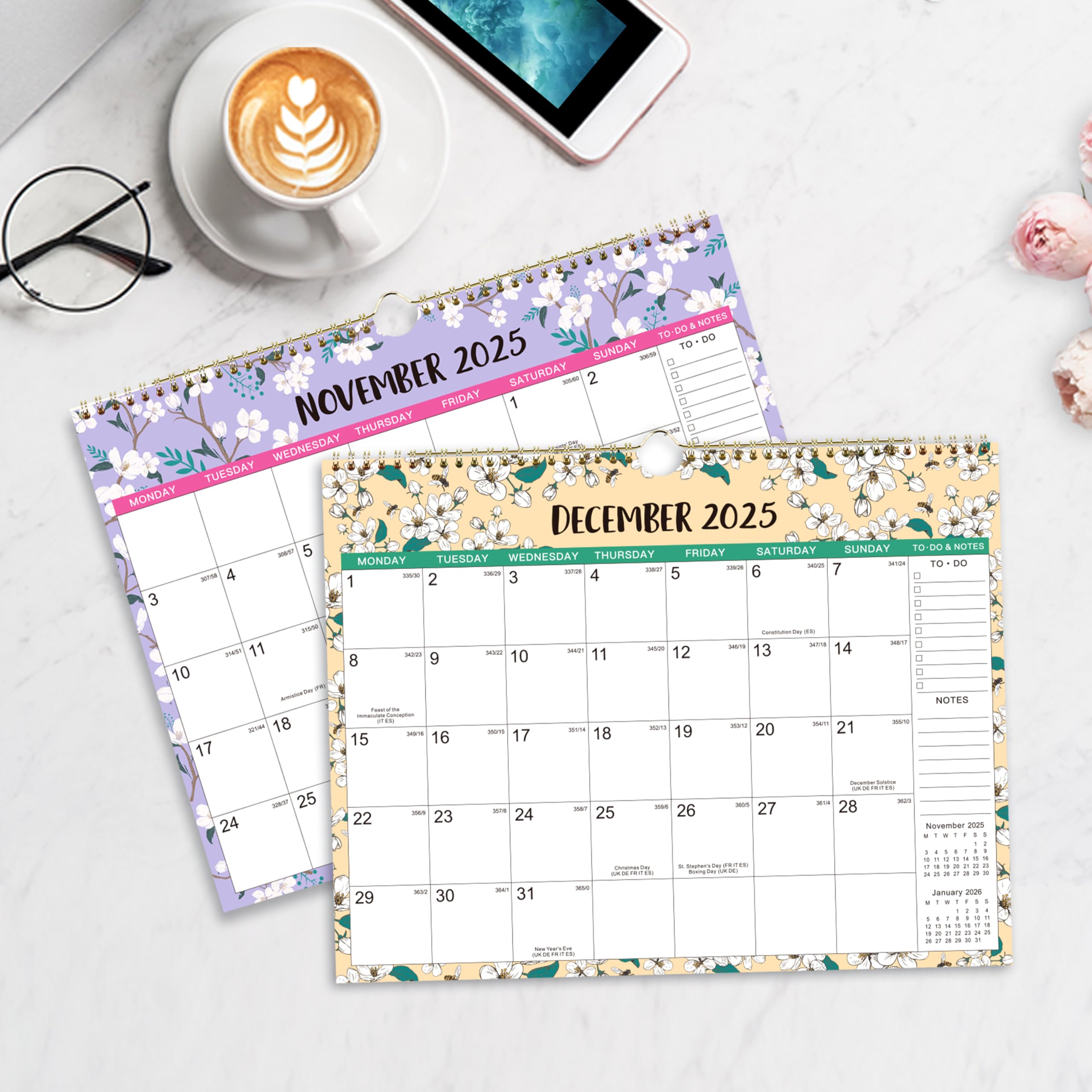 2025-2026 Wall Calendar with Thick Paper - 37 x 29 cm Large Format, July 2025 to December 2026, Twin-Wire Binding with Hanging Hook, Colorful Ruled Blocks - Perfect for Home, Office, School & Gift Giving